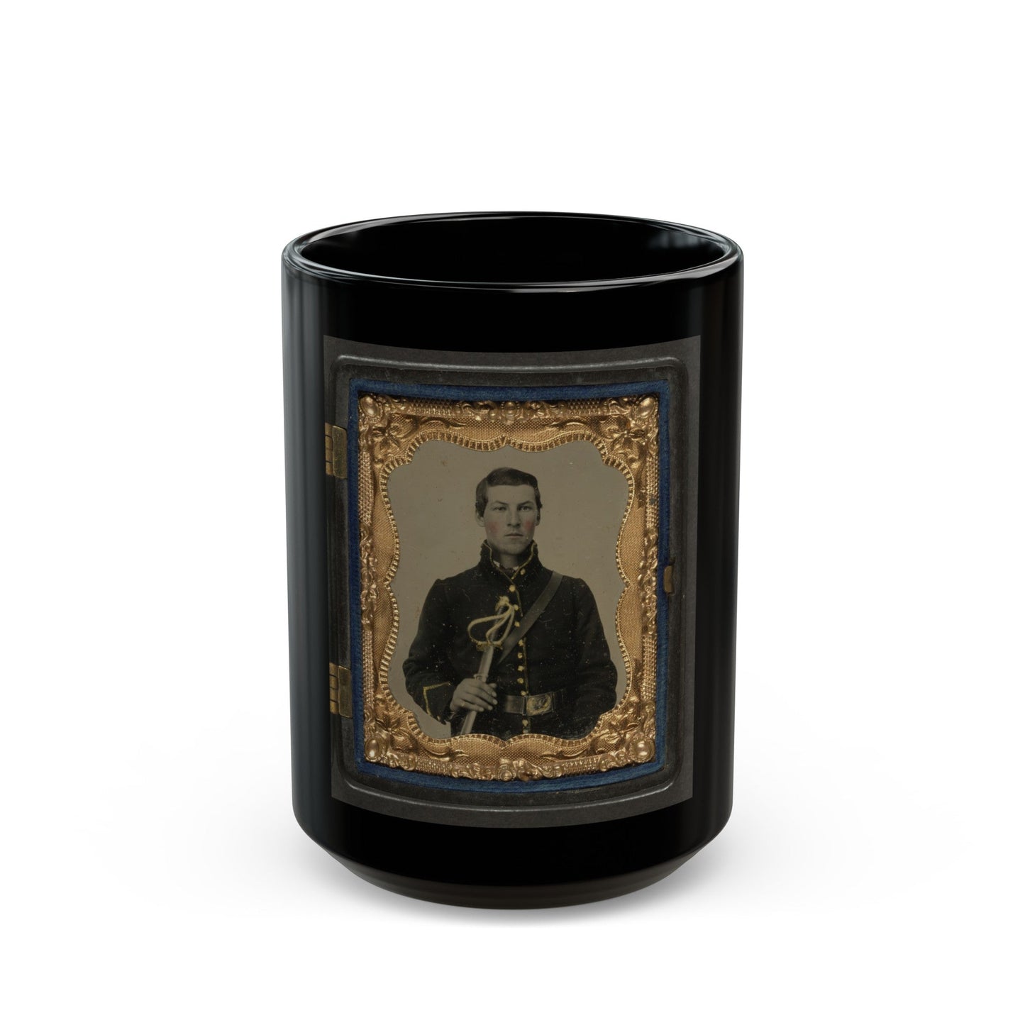 Unidentified Soldier In Union Cavalry Uniform Holding Saber (U.S. Civil War) Black Coffee Mug-15oz-The Sticker Space