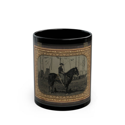 Unidentified Soldier In Union Cavalry Uniform, On Horse, With Cavalry Saber, In Front Of Encampment With Winter Chimneys (U.S. Civil War) Black Coffee Mug-11oz-The Sticker Space