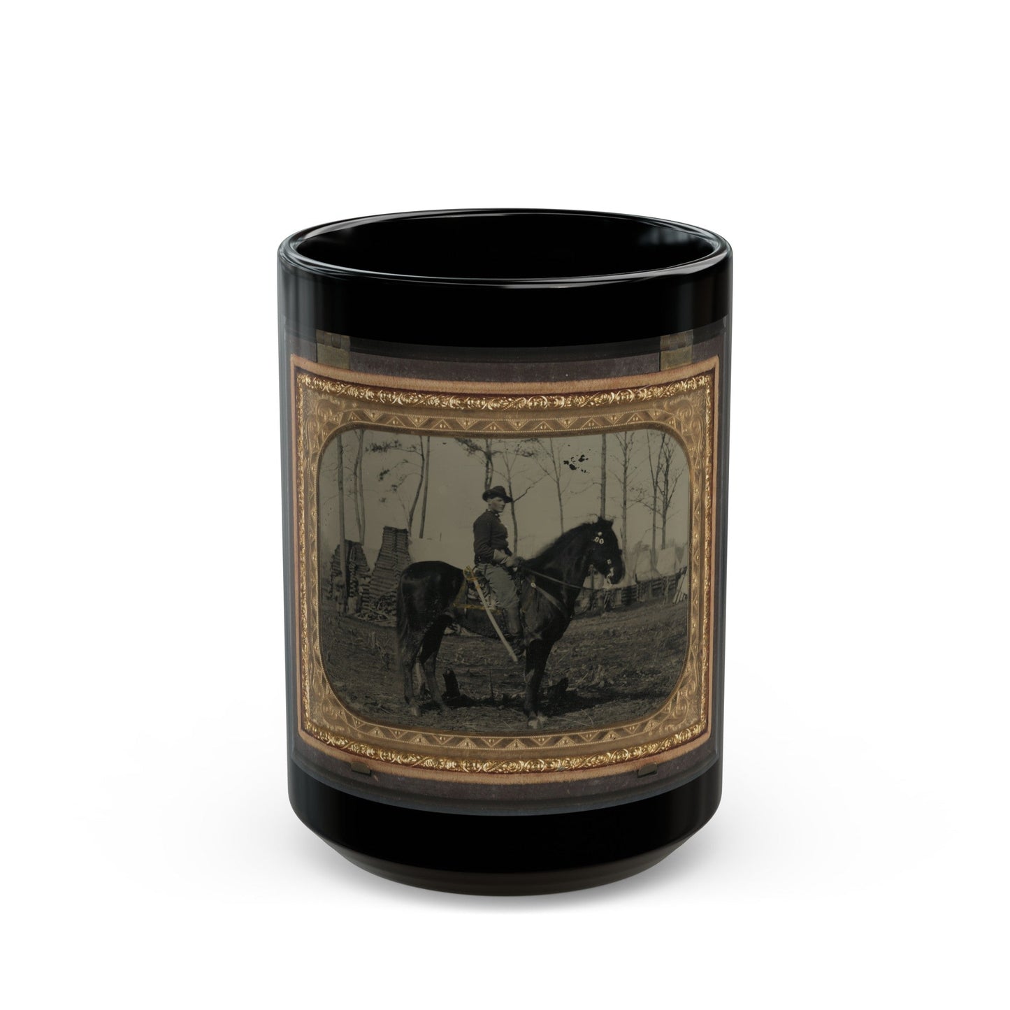 Unidentified Soldier In Union Cavalry Uniform, On Horse, With Cavalry Saber, In Front Of Encampment With Winter Chimneys (U.S. Civil War) Black Coffee Mug-15oz-The Sticker Space