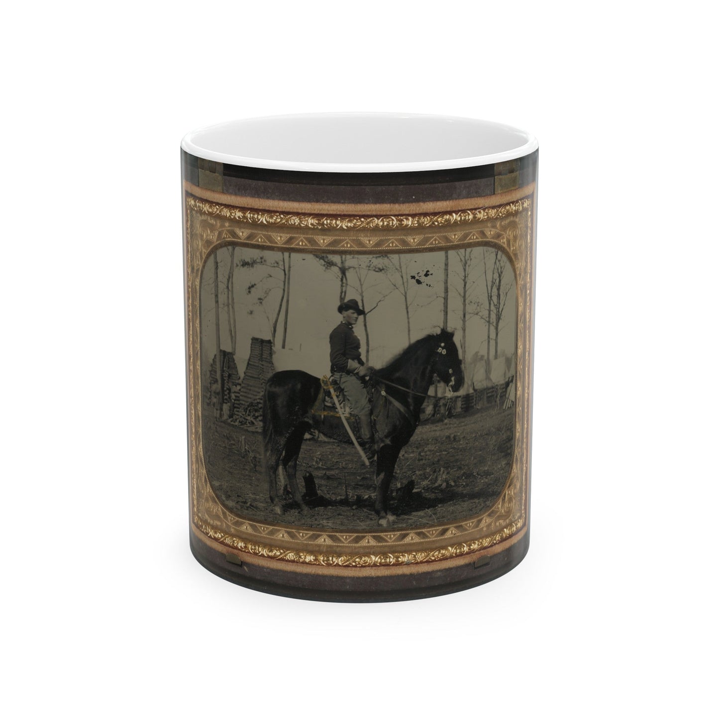 Unidentified Soldier In Union Cavalry Uniform, On Horse, With Cavalry Saber, In Front Of Encampment With Winter Chimneys (U.S. Civil War) White Coffee Mug-11oz-The Sticker Space