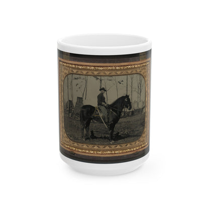 Unidentified Soldier In Union Cavalry Uniform, On Horse, With Cavalry Saber, In Front Of Encampment With Winter Chimneys (U.S. Civil War) White Coffee Mug-15oz-The Sticker Space