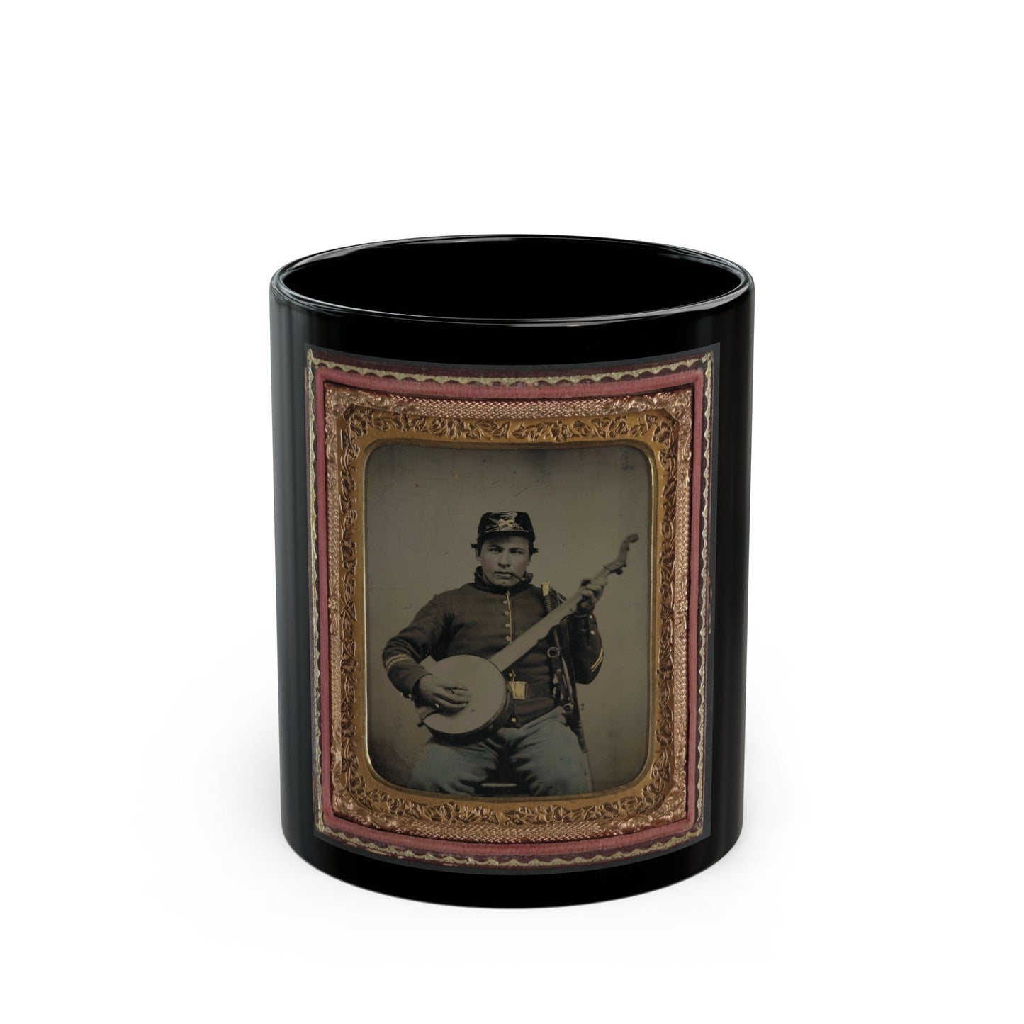 Unidentified Soldier In Union Cavalry Uniform With Banjo, Sword, And Pipe (U.S. Civil War) Black Coffee Mug-11oz-The Sticker Space