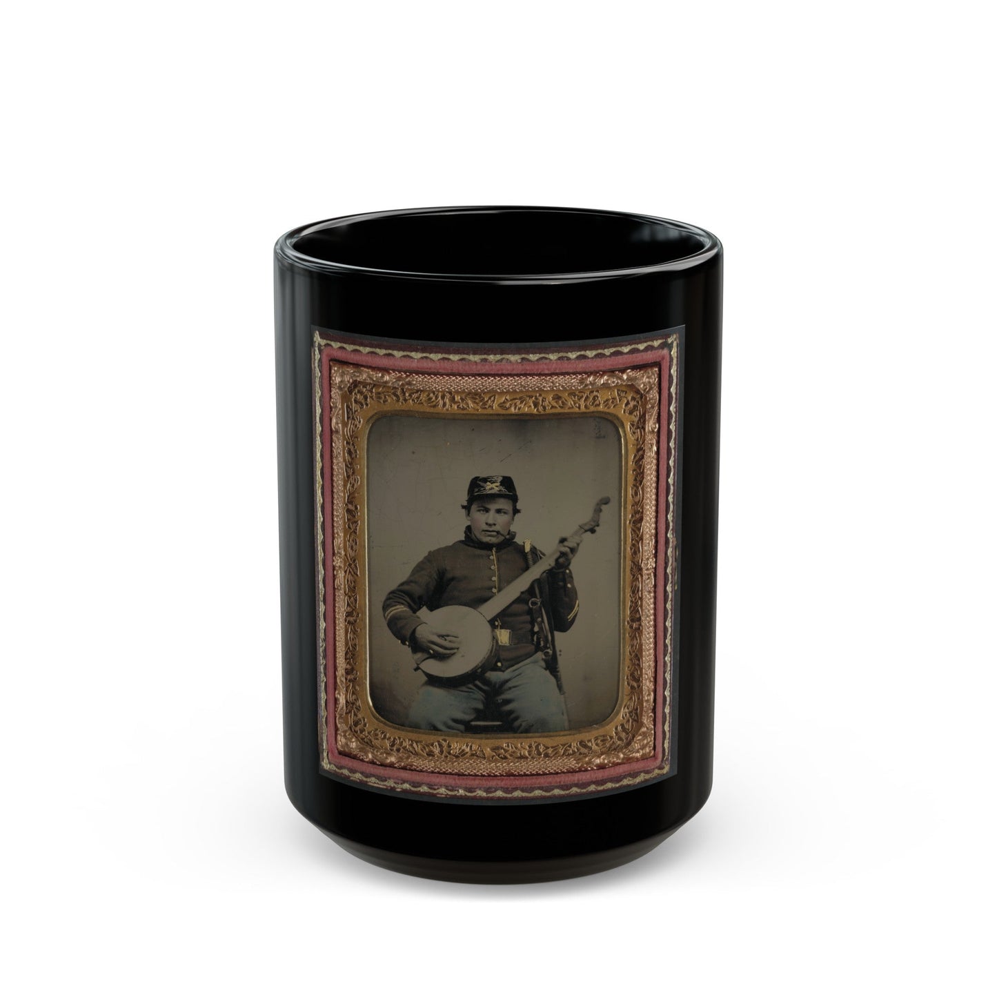 Unidentified Soldier In Union Cavalry Uniform With Banjo, Sword, And Pipe (U.S. Civil War) Black Coffee Mug-15oz-The Sticker Space