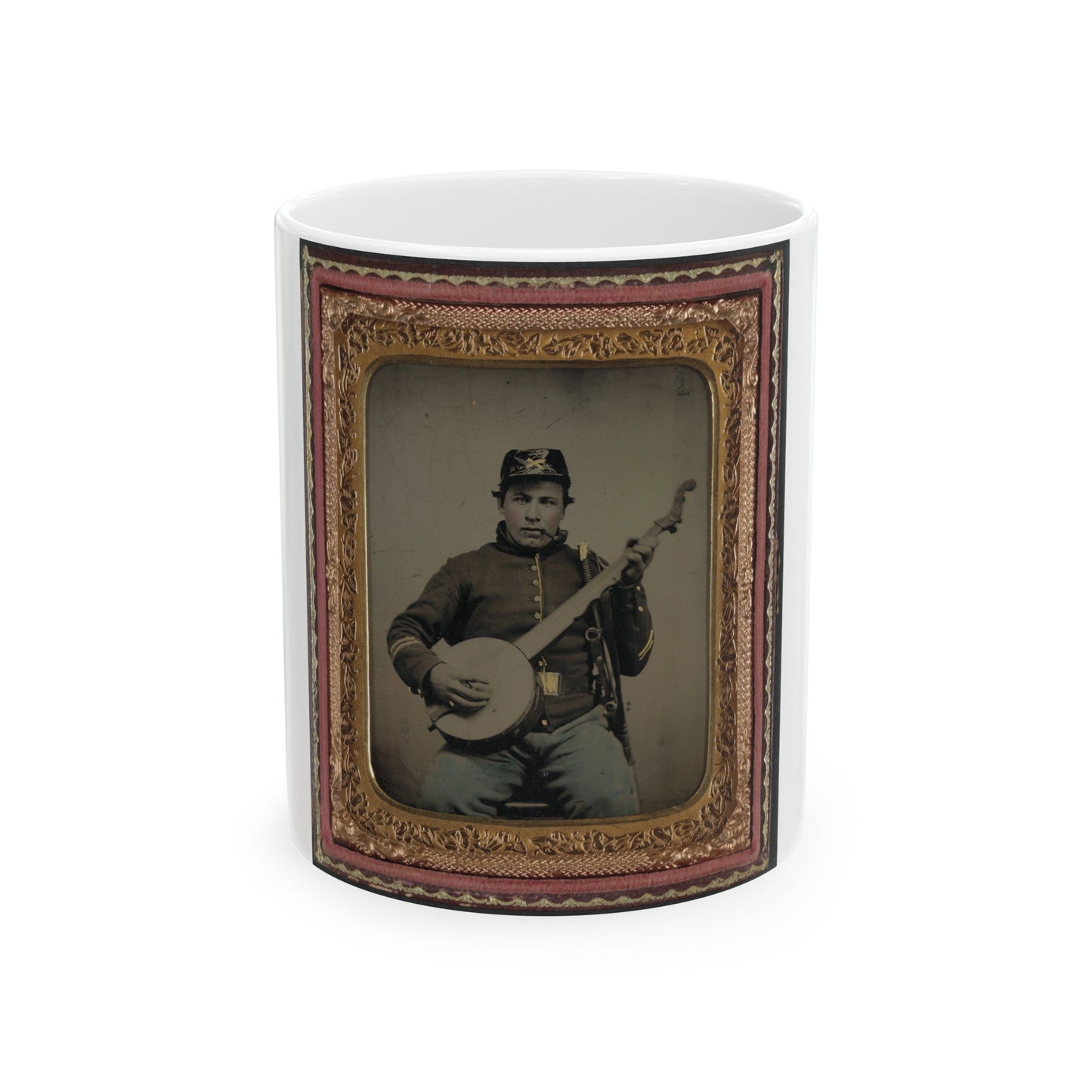 Unidentified Soldier In Union Cavalry Uniform With Banjo, Sword, And Pipe (U.S. Civil War) White Coffee Mug-11oz-The Sticker Space