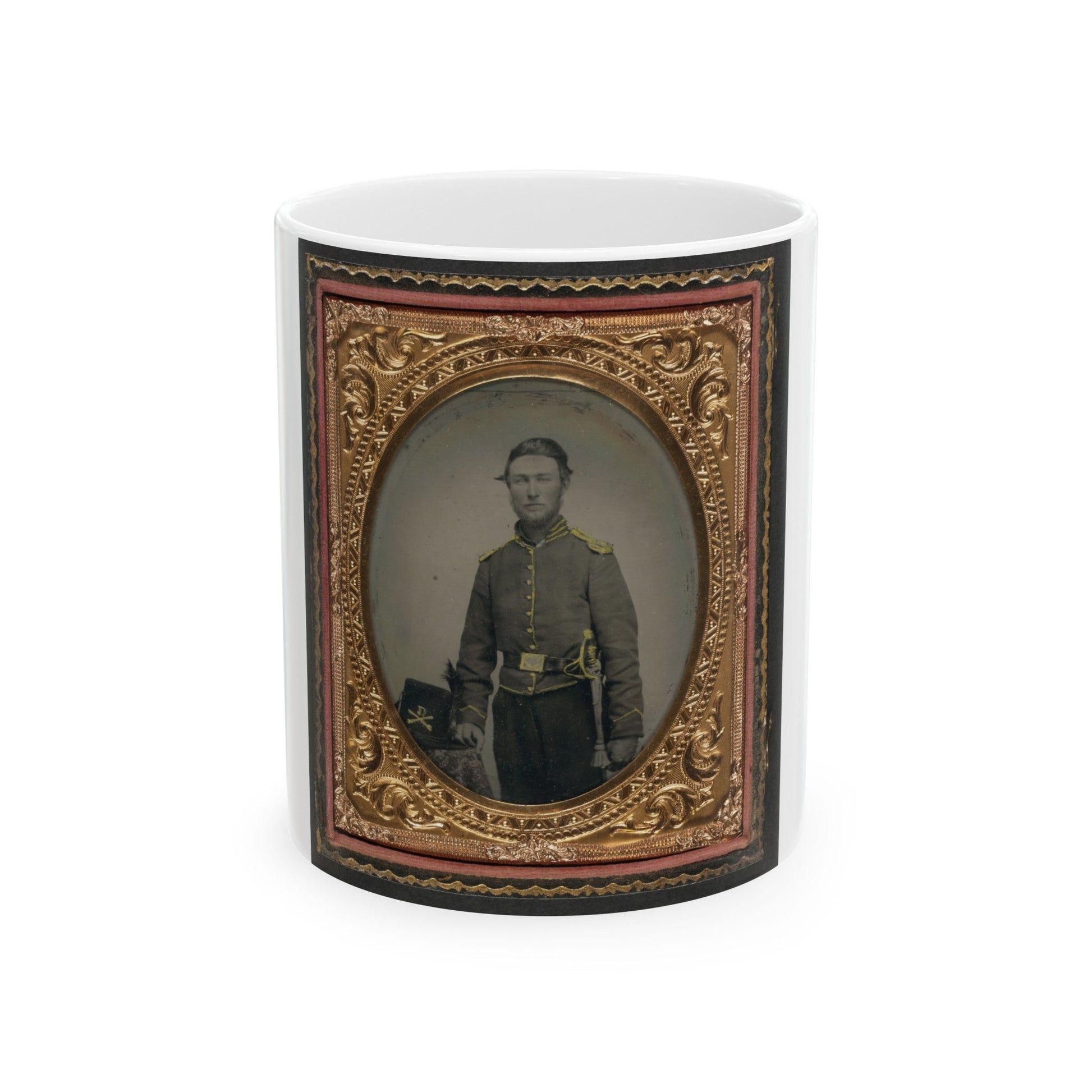 Unidentified Soldier In Union Cavalry Uniform With Cavalry Saber Next To Table With Cavalry Company D Hardee Hat (U.S. Civil War) White Coffee Mug-11oz-The Sticker Space