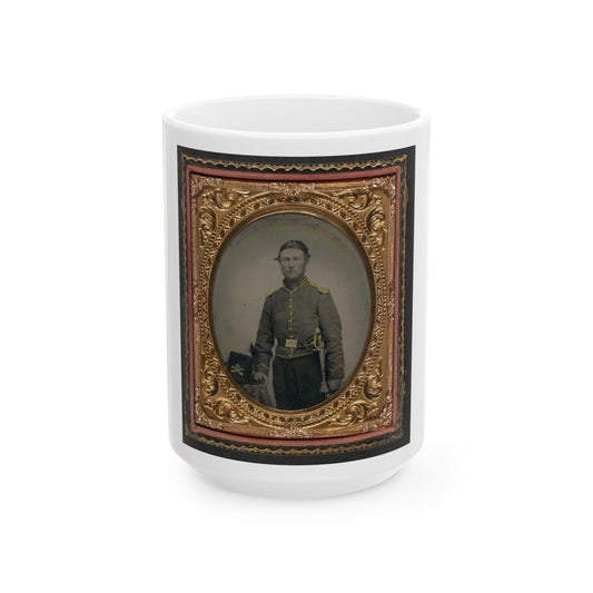 Unidentified Soldier In Union Cavalry Uniform With Cavalry Saber Next To Table With Cavalry Company D Hardee Hat (U.S. Civil War) White Coffee Mug-15oz-The Sticker Space