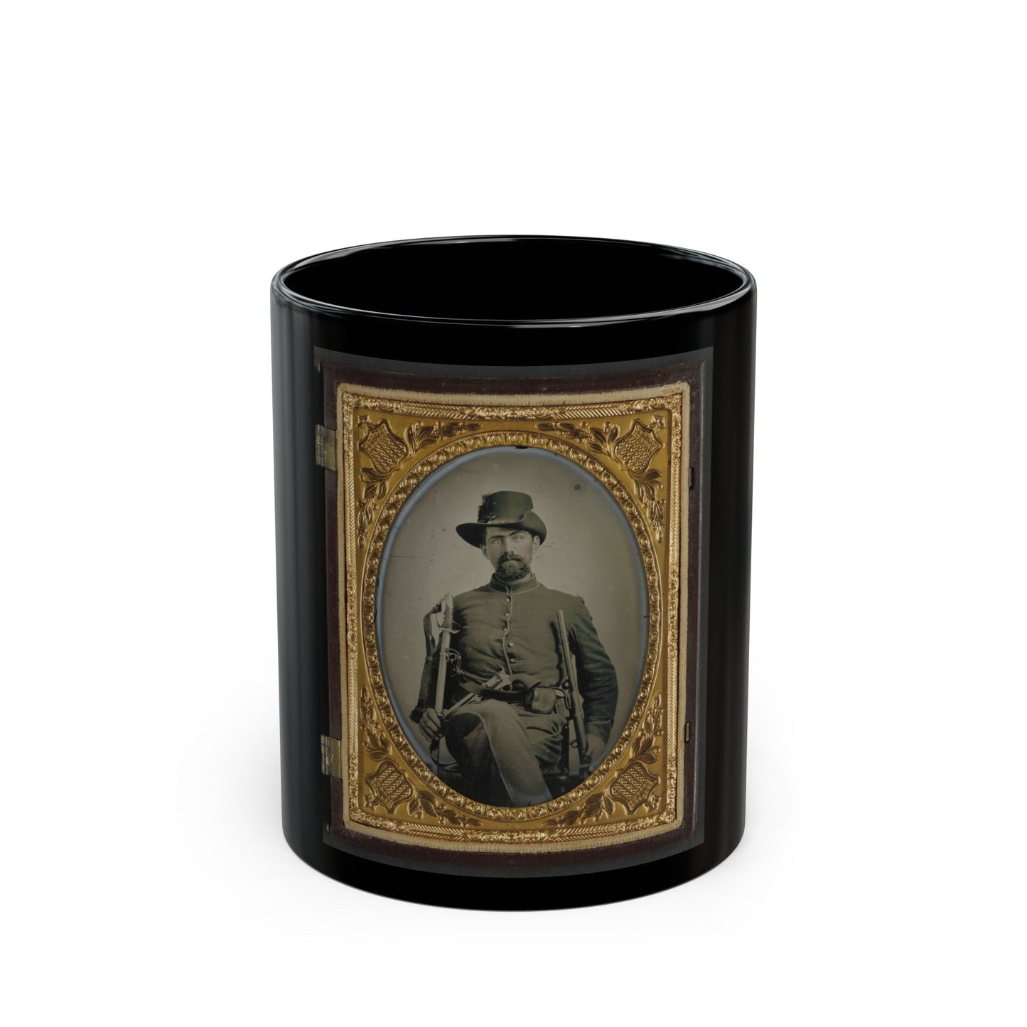 Unidentified Soldier In Union Cavalry Uniform With Cavalry Sword, Colt Army Revolver, And Carbine (U.S. Civil War) Black Coffee Mug-11oz-The Sticker Space