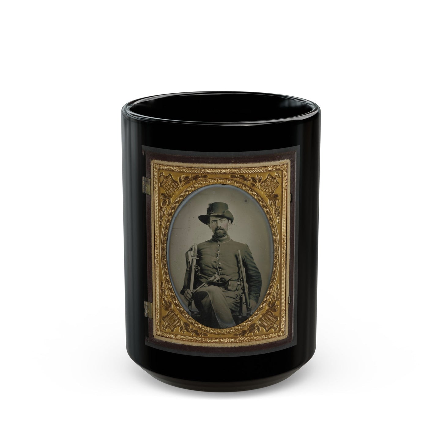 Unidentified Soldier In Union Cavalry Uniform With Cavalry Sword, Colt Army Revolver, And Carbine (U.S. Civil War) Black Coffee Mug-15oz-The Sticker Space