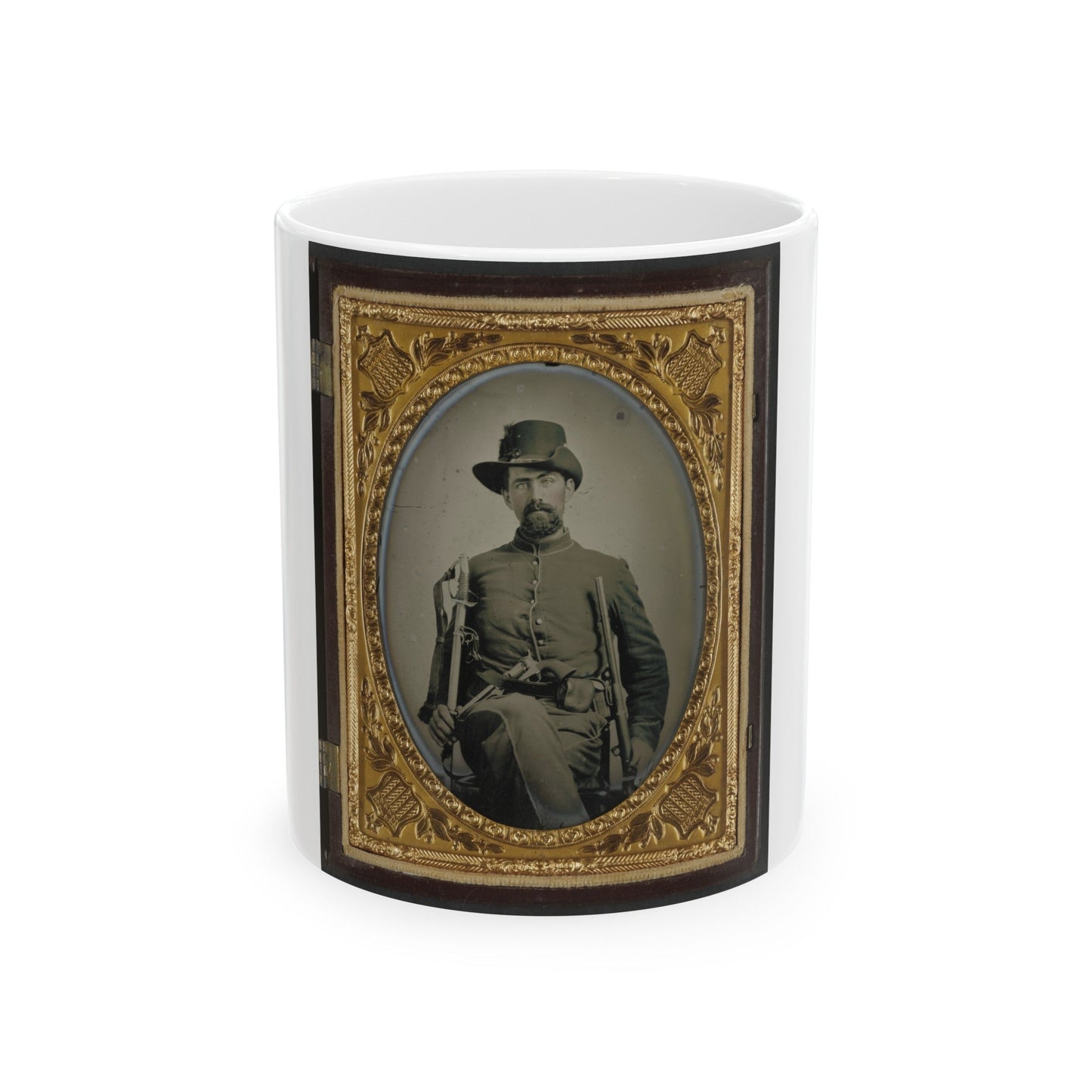 Unidentified Soldier In Union Cavalry Uniform With Cavalry Sword, Colt Army Revolver, And Carbine (U.S. Civil War) White Coffee Mug-11oz-The Sticker Space