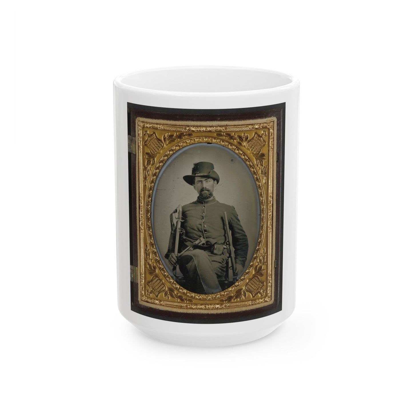 Unidentified Soldier In Union Cavalry Uniform With Cavalry Sword, Colt Army Revolver, And Carbine (U.S. Civil War) White Coffee Mug-15oz-The Sticker Space