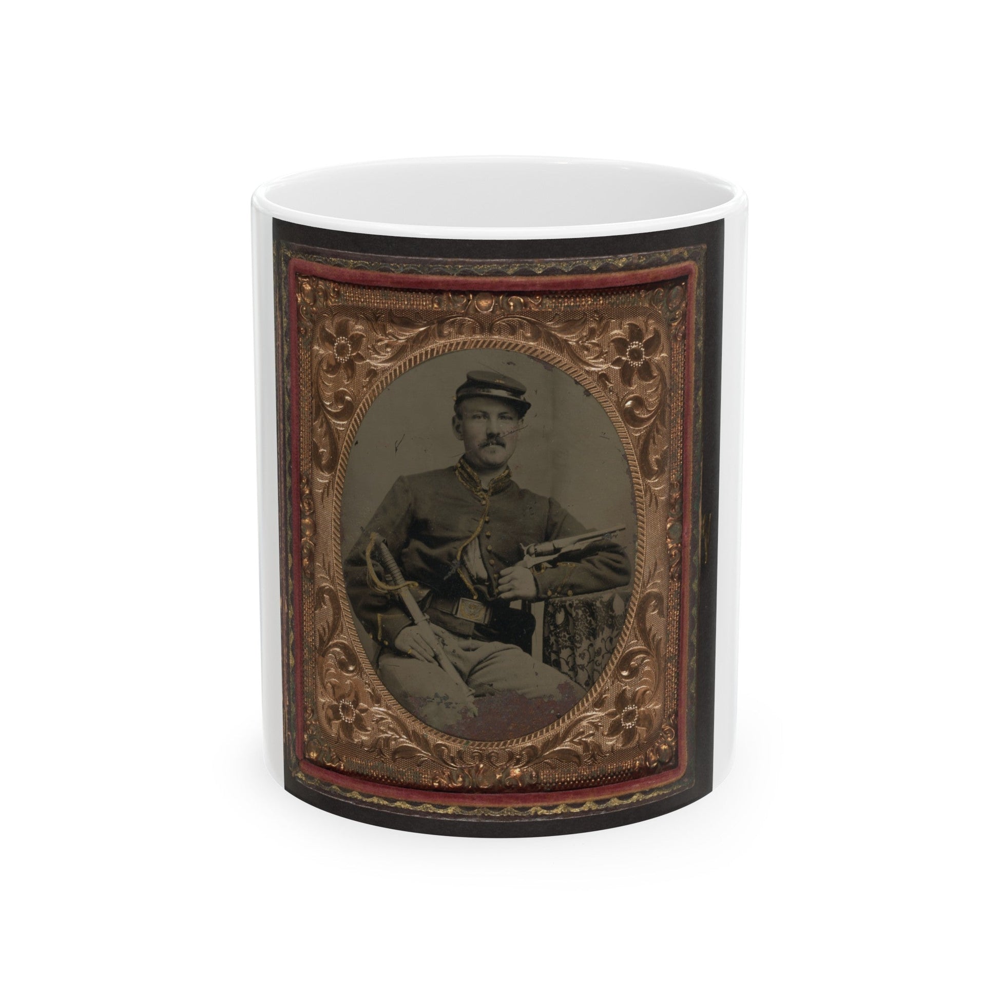 Unidentified Soldier In Union Cavalry Uniform With Colt Army Model 1860 Revolver And Cavalry Saber (U.S. Civil War) White Coffee Mug-11oz-The Sticker Space