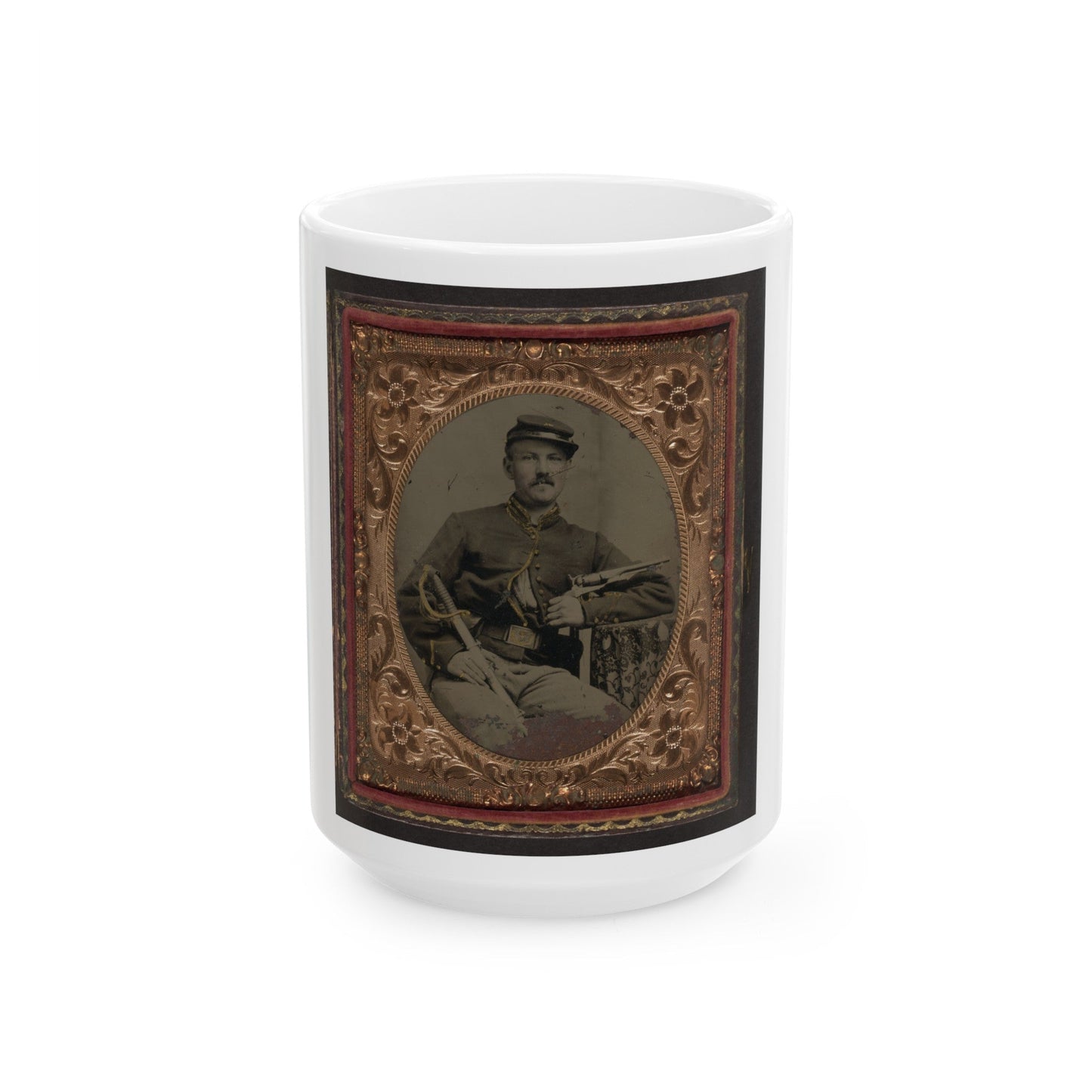 Unidentified Soldier In Union Cavalry Uniform With Colt Army Model 1860 Revolver And Cavalry Saber (U.S. Civil War) White Coffee Mug-15oz-The Sticker Space