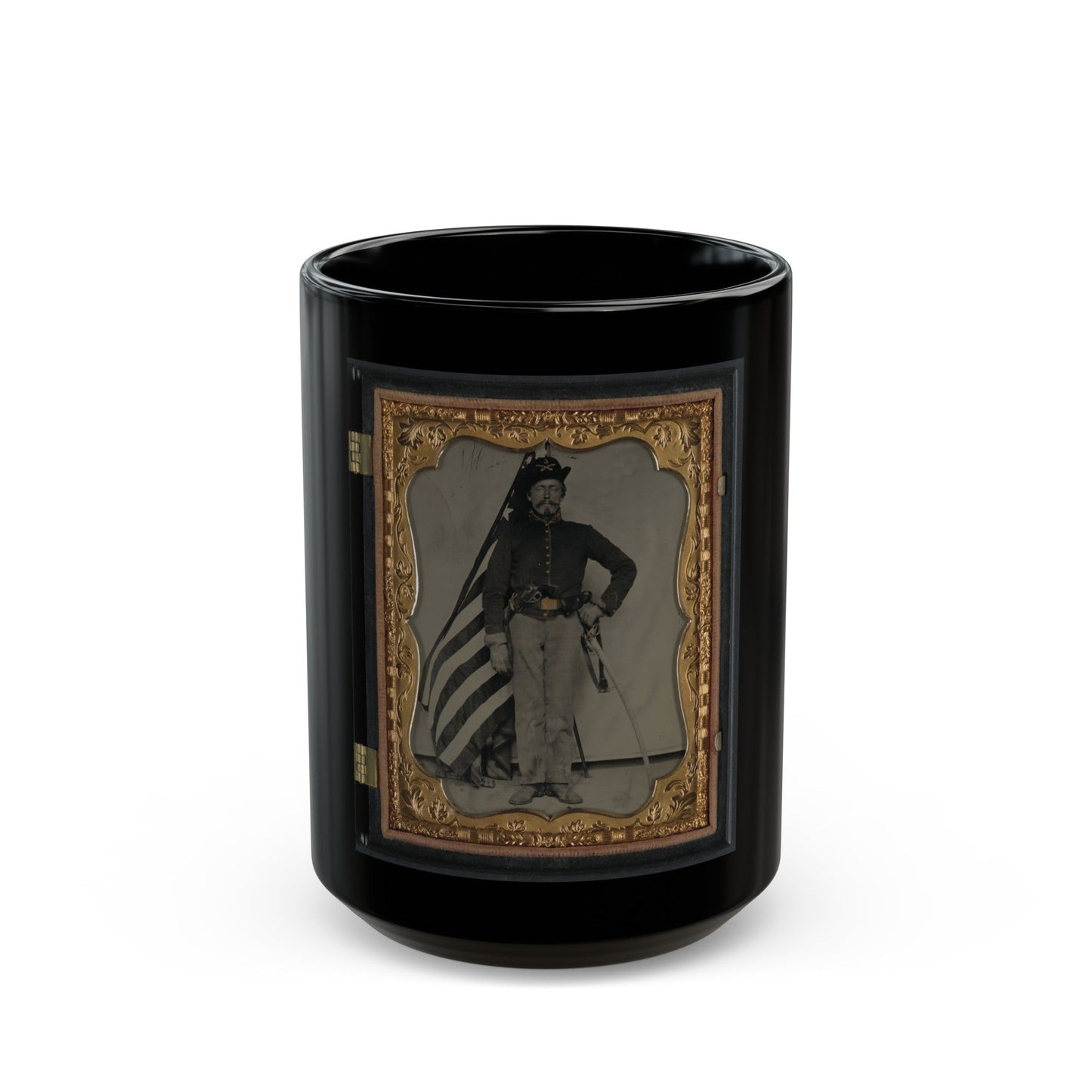 Unidentified Soldier In Union Cavalry Uniform With Colt Dragoon Revolver And Sword In Front Of American Flag (U.S. Civil War) Black Coffee Mug-15oz-The Sticker Space