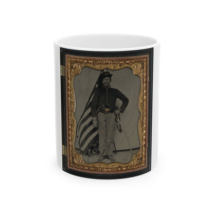 Unidentified Soldier In Union Cavalry Uniform With Colt Dragoon Revolver And Sword In Front Of American Flag (U.S. Civil War) White Coffee Mug-11oz-The Sticker Space