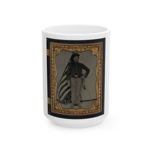 Unidentified Soldier In Union Cavalry Uniform With Colt Dragoon Revolver And Sword In Front Of American Flag (U.S. Civil War) White Coffee Mug-15oz-The Sticker Space