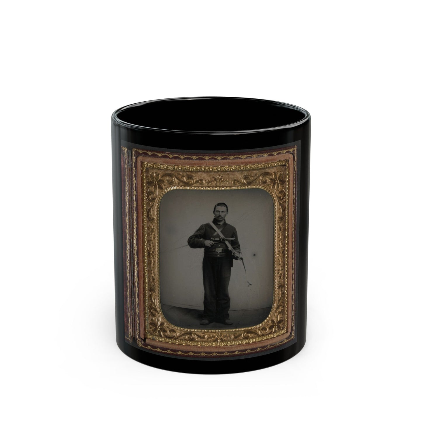 Unidentified Soldier In Union Cavalry Uniform With Colt Dragoon Revolver And Sword (U.S. Civil War) Black Coffee Mug-11oz-The Sticker Space