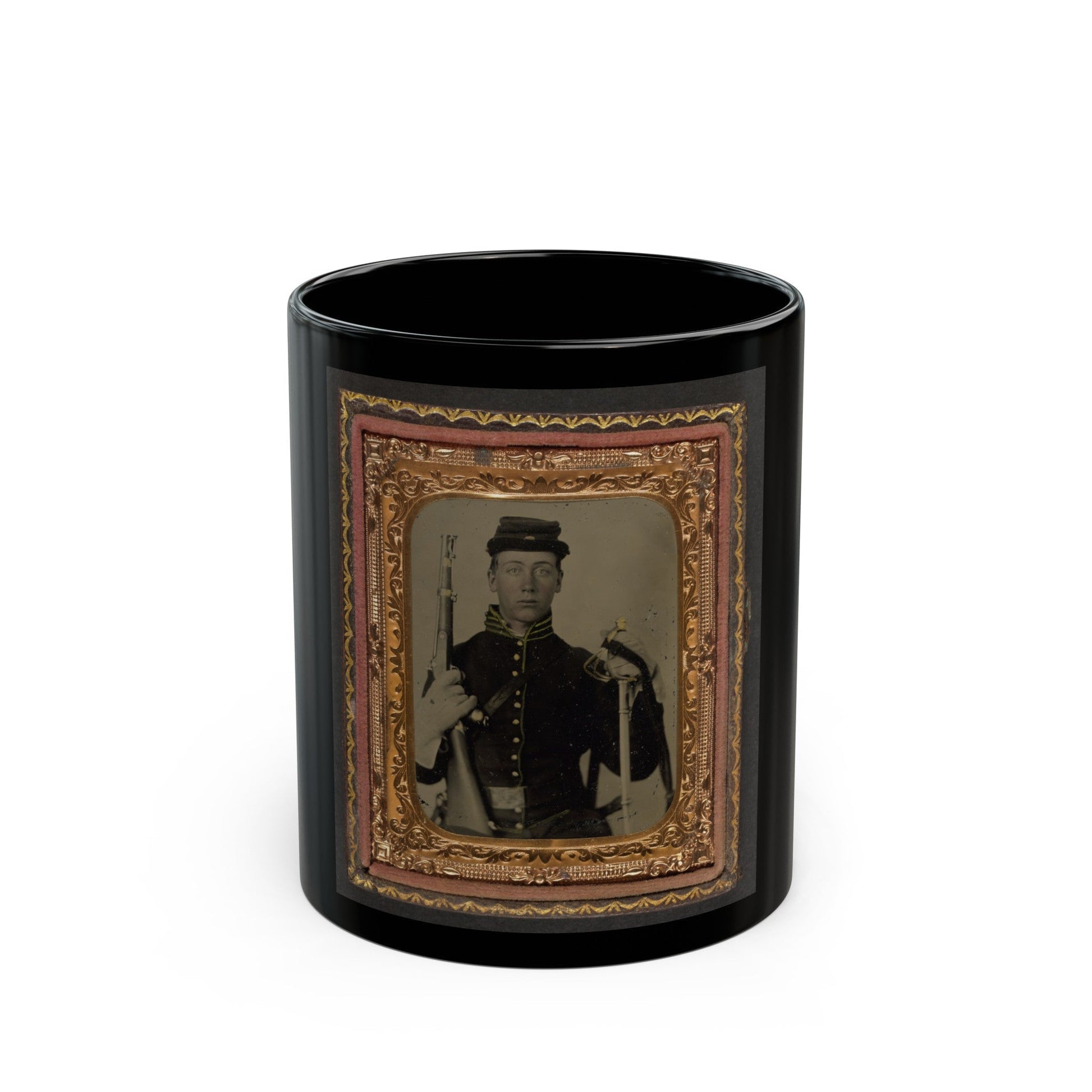 Unidentified Soldier In Union Cavalry Uniform With Percussion Cap Pistol Carbine, Attached Stock, And Cavalry Saber (U.S. Civil War) Black Coffee Mug-11oz-The Sticker Space