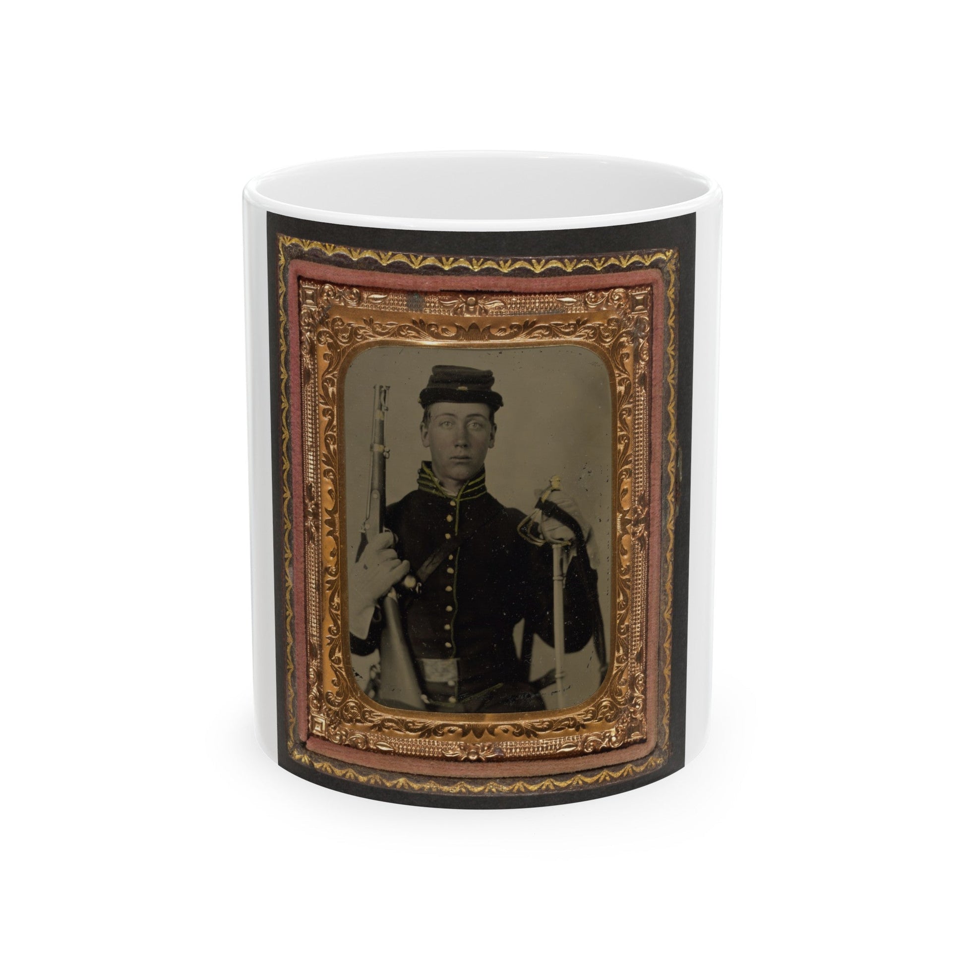 Unidentified Soldier In Union Cavalry Uniform With Percussion Cap Pistol Carbine, Attached Stock, And Cavalry Saber (U.S. Civil War) White Coffee Mug-11oz-The Sticker Space