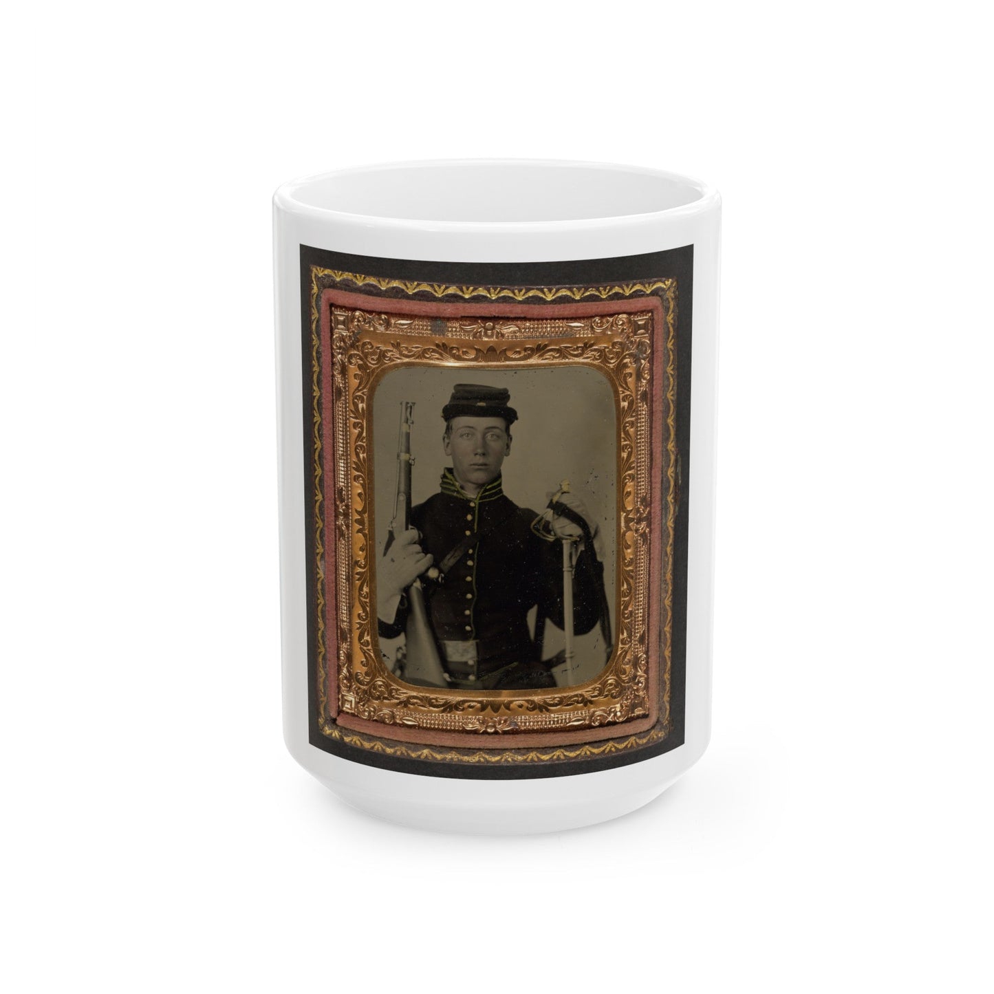 Unidentified Soldier In Union Cavalry Uniform With Percussion Cap Pistol Carbine, Attached Stock, And Cavalry Saber (U.S. Civil War) White Coffee Mug-15oz-The Sticker Space