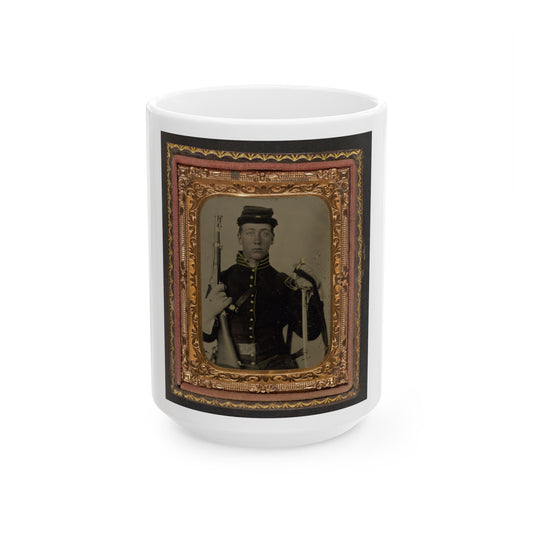 Unidentified Soldier In Union Cavalry Uniform With Percussion Cap Pistol Carbine, Attached Stock, And Cavalry Saber (U.S. Civil War) White Coffee Mug-15oz-The Sticker Space