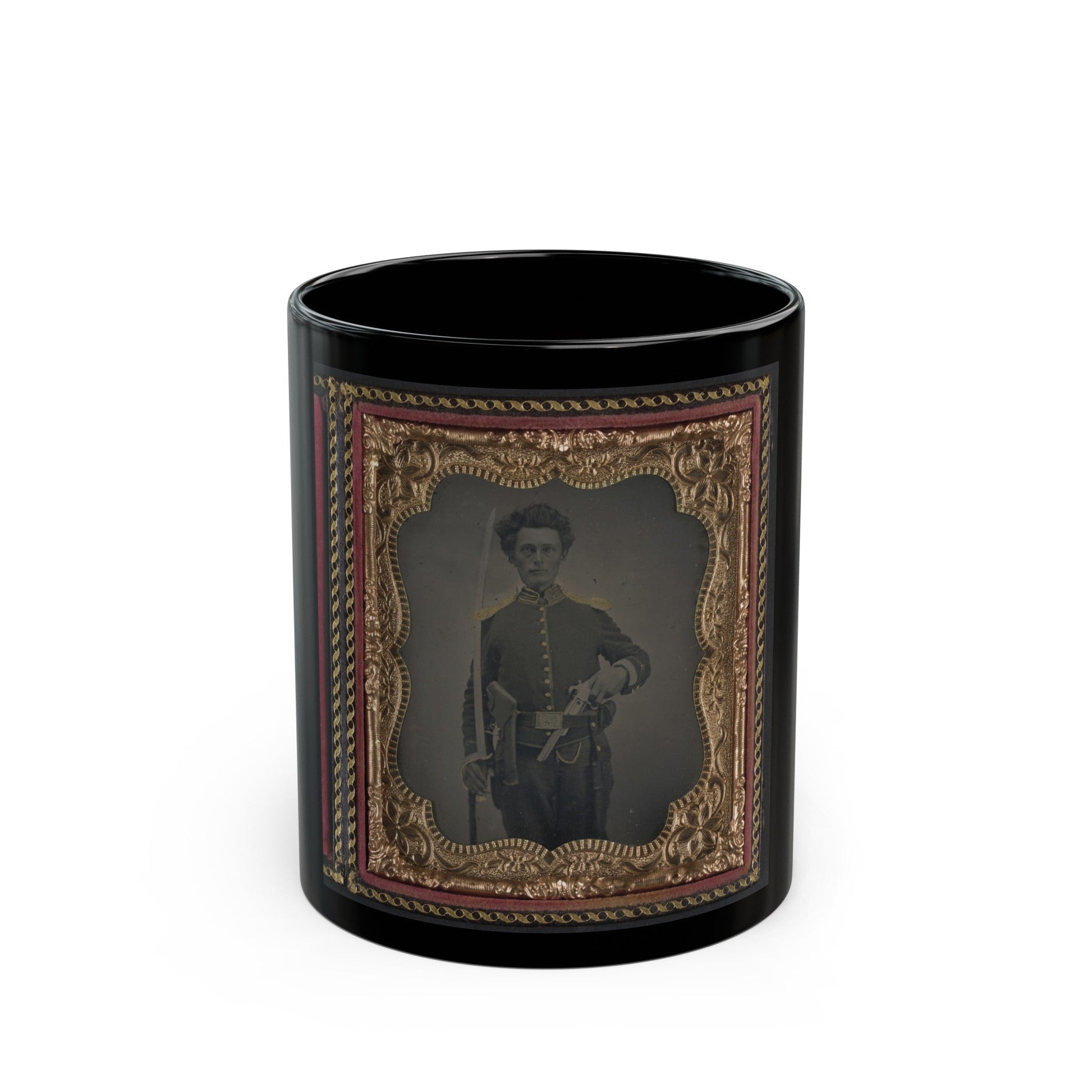 Unidentified Soldier In Union Cavalry Uniform With Savage Revolver And Sword (U.S. Civil War) Black Coffee Mug-11oz-The Sticker Space