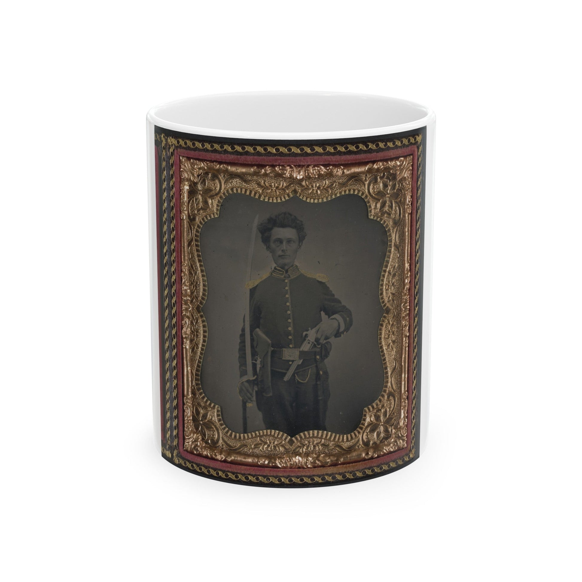 Unidentified Soldier In Union Cavalry Uniform With Savage Revolver And Sword (U.S. Civil War) White Coffee Mug-11oz-The Sticker Space