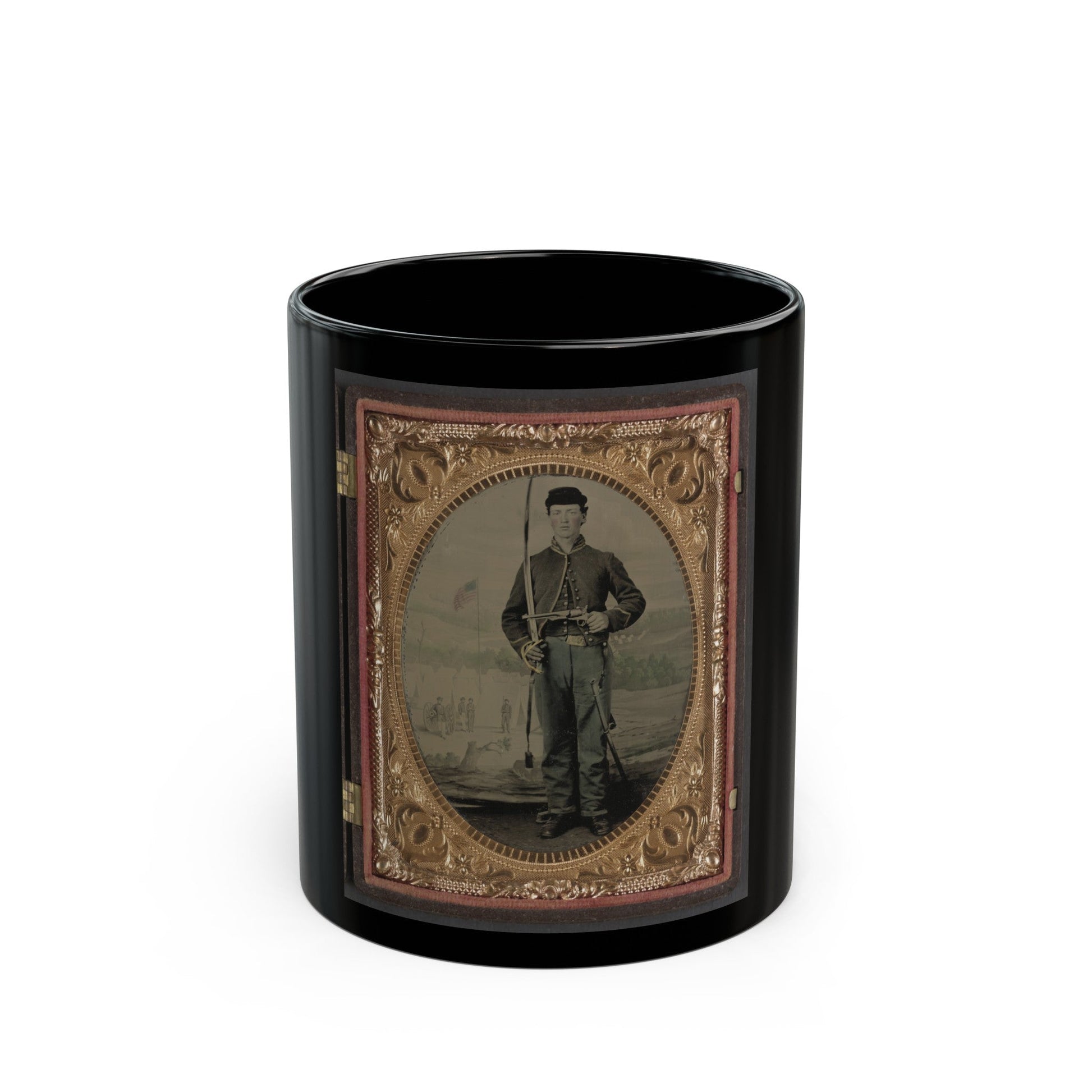 Unidentified Soldier In Union Cavalry Uniform With Sword And Pistol In Front Of Painted Backdrop Tree Stump And Military Camp (U.S. Civil War) Black Coffee Mug-11oz-The Sticker Space