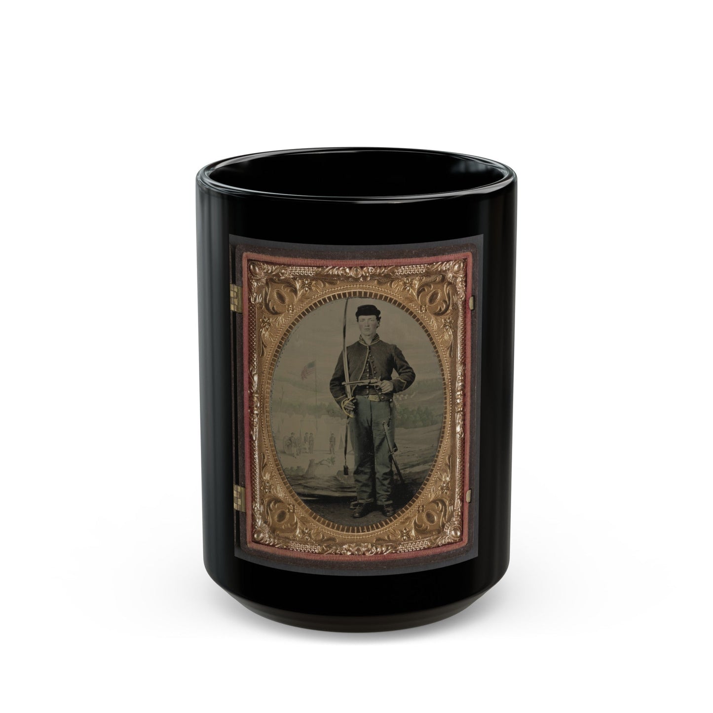 Unidentified Soldier In Union Cavalry Uniform With Sword And Pistol In Front Of Painted Backdrop Tree Stump And Military Camp (U.S. Civil War) Black Coffee Mug-15oz-The Sticker Space