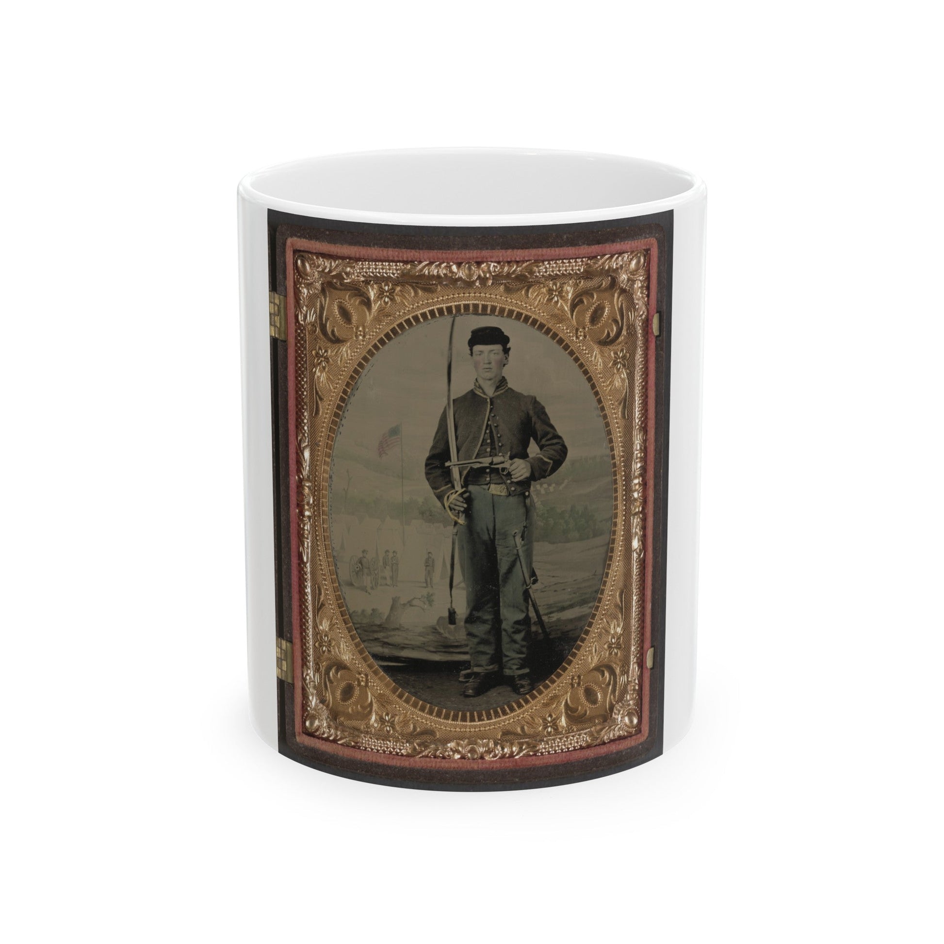 Unidentified Soldier In Union Cavalry Uniform With Sword And Pistol In Front Of Painted Backdrop Tree Stump And Military Camp (U.S. Civil War) White Coffee Mug-11oz-The Sticker Space