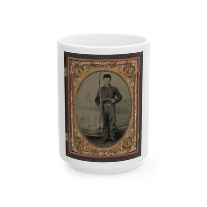 Unidentified Soldier In Union Cavalry Uniform With Sword And Pistol In Front Of Painted Backdrop Tree Stump And Military Camp (U.S. Civil War) White Coffee Mug-15oz-The Sticker Space