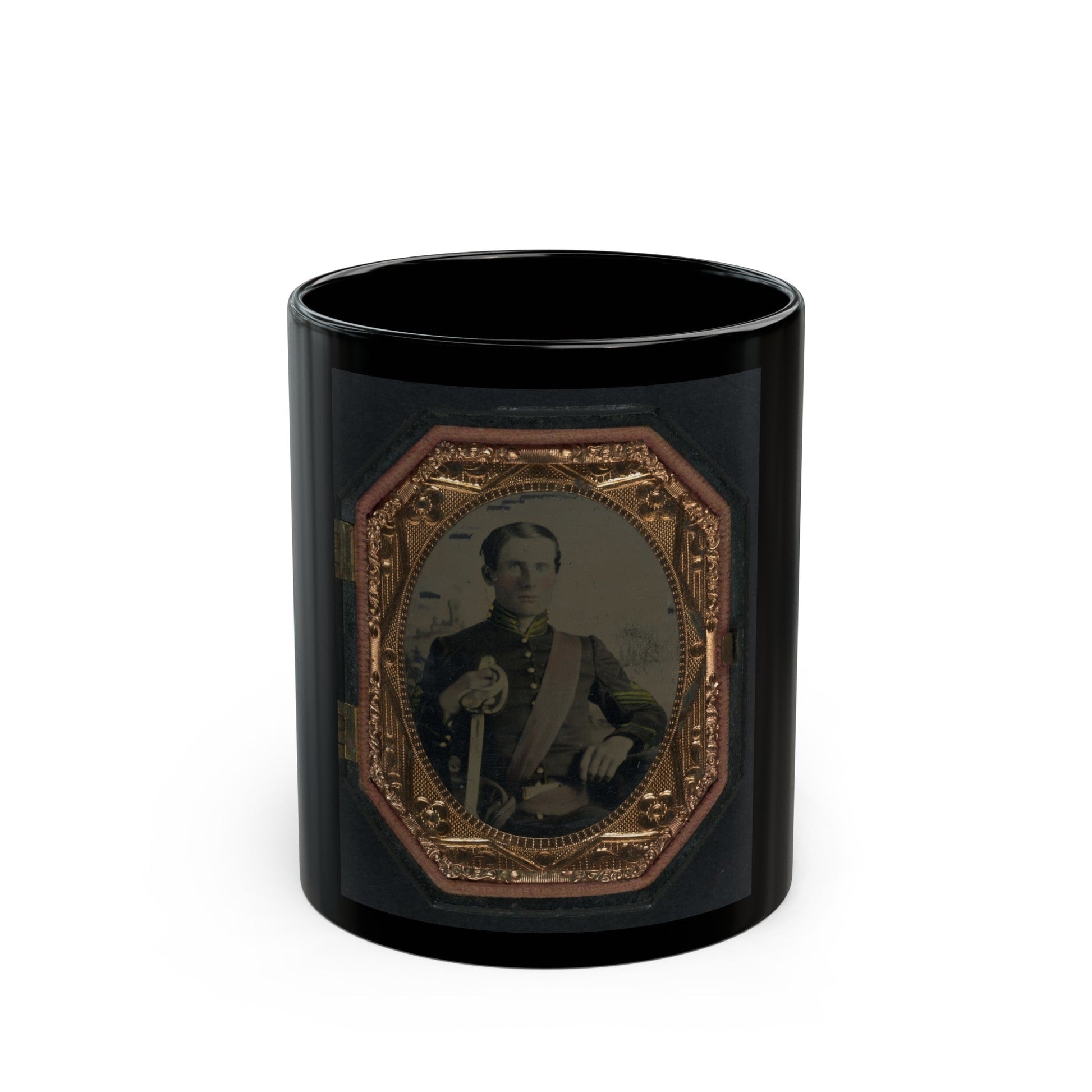 Unidentified Soldier In Union First Sergeant's Uniform With Cavalry Saber In Front Of Painted Backdrop Showing Landscape (U.S. Civil War) Black Coffee Mug-11oz-The Sticker Space