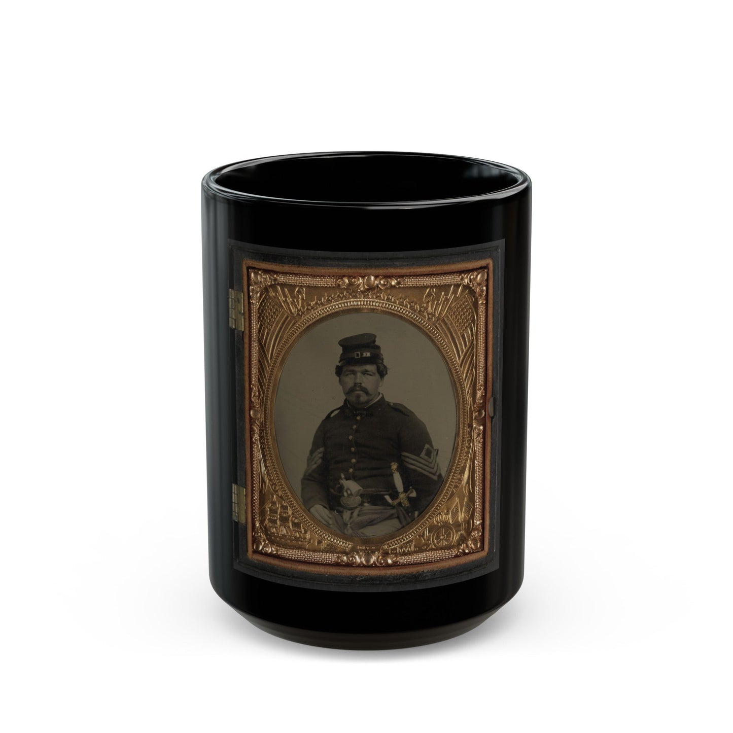 Unidentified Soldier In Union First Sergeant's Uniform With Militia Sword And Revolver (U.S. Civil War) Black Coffee Mug-15oz-The Sticker Space