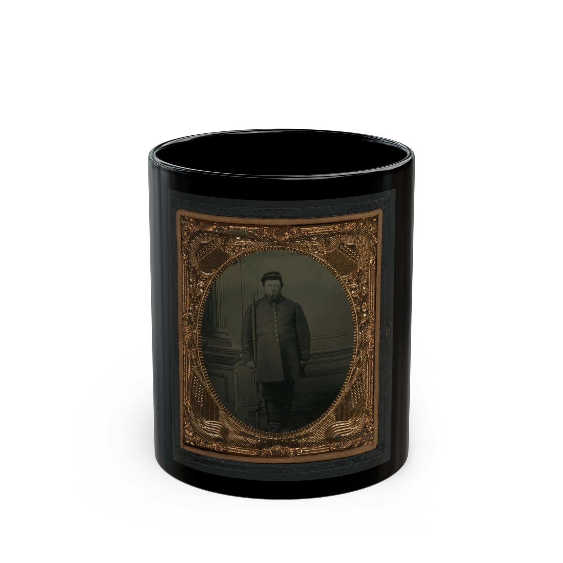 Unidentified Soldier In Union Frock And Kepi With Bayoneted Flintlock Musket (U.S. Civil War) Black Coffee Mug-11oz-The Sticker Space