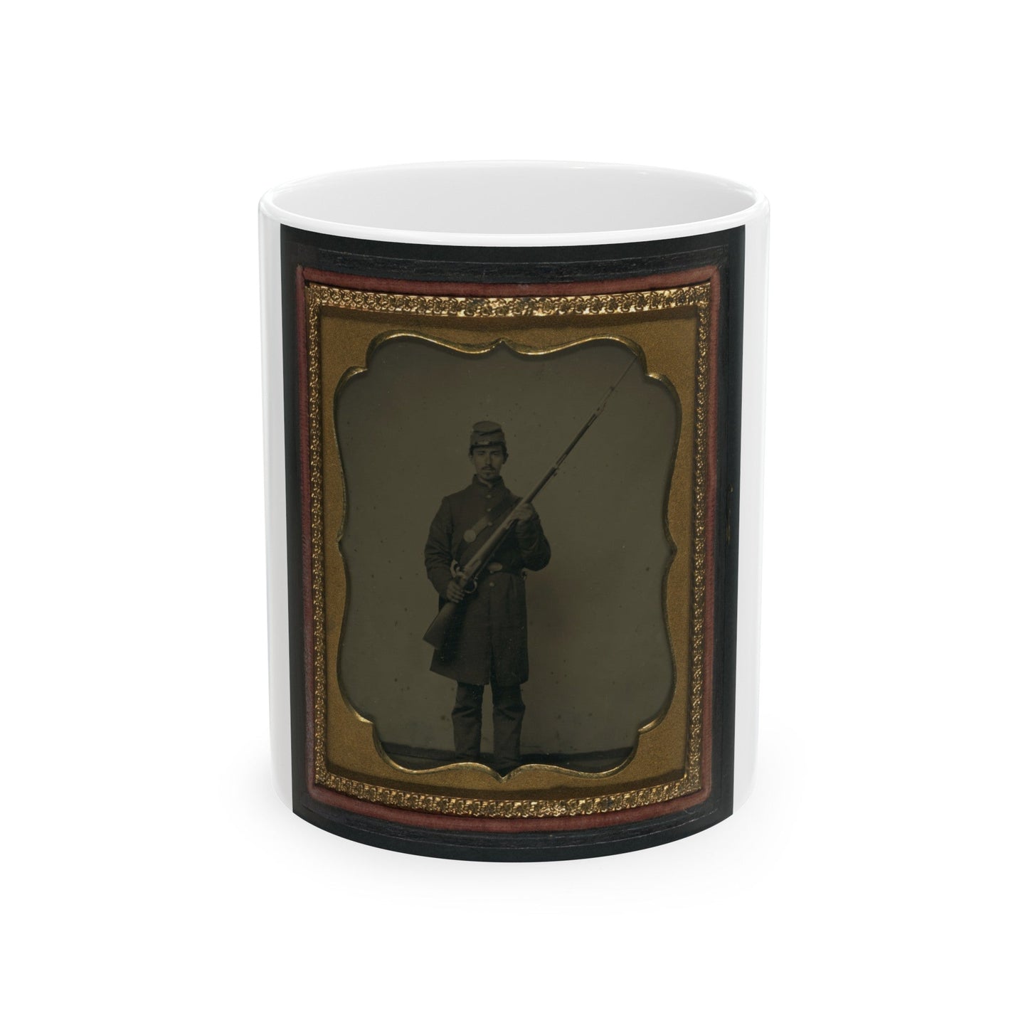 Unidentified Soldier In Union Frock Coat And Forage Cap With Bayoneted Musket (U.S. Civil War) White Coffee Mug-11oz-The Sticker Space