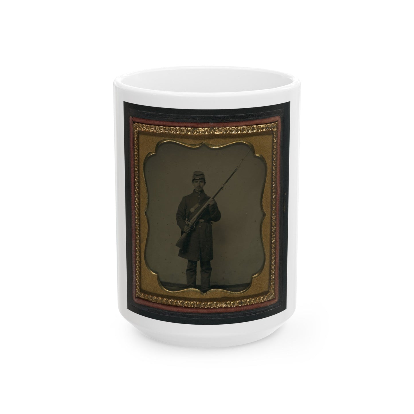 Unidentified Soldier In Union Frock Coat And Forage Cap With Bayoneted Musket (U.S. Civil War) White Coffee Mug-15oz-The Sticker Space