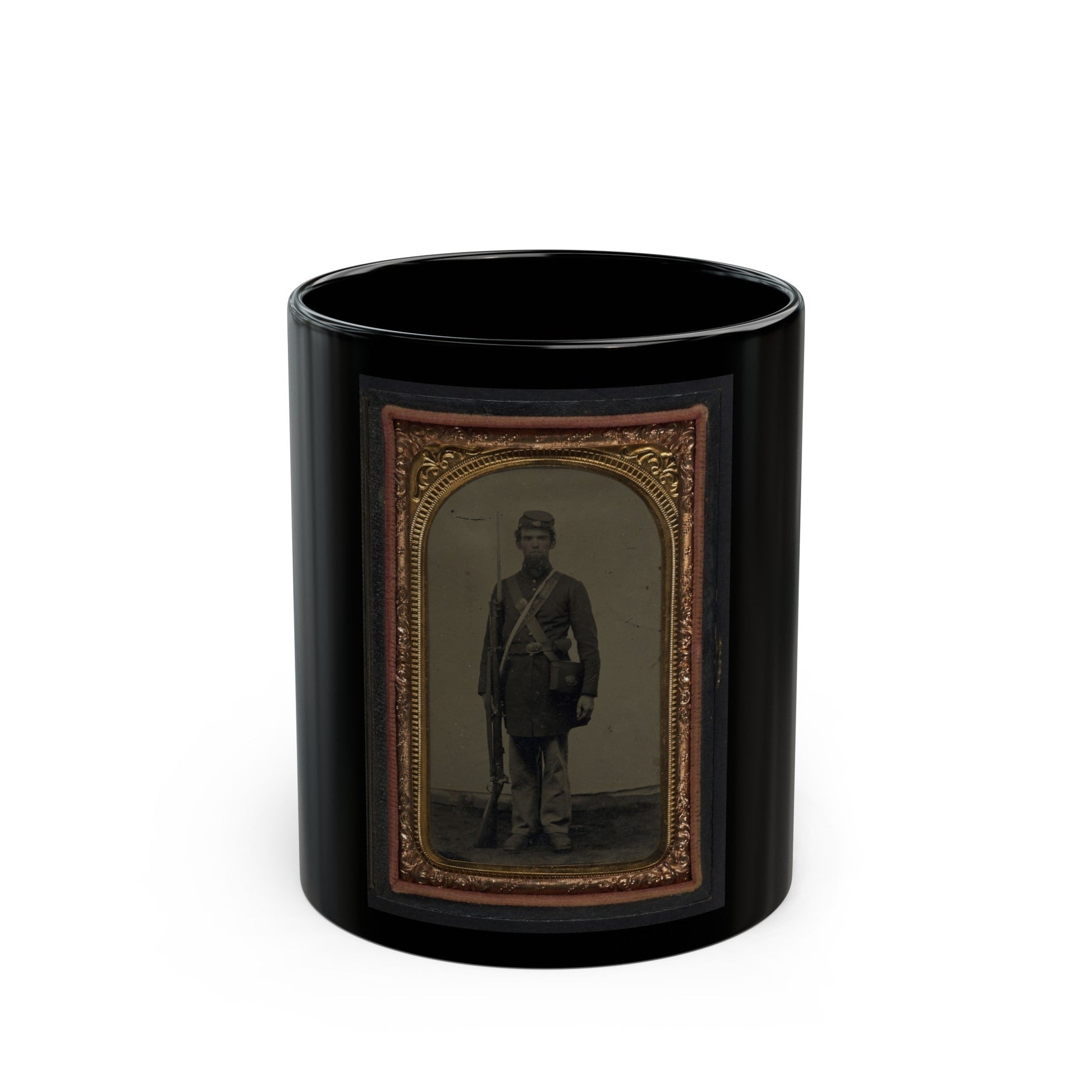 Unidentified Soldier In Union Frock Coat And Forage Cap With Cap Box, Cartridge Pouch, And Bayoneted Musket (U.S. Civil War) Black Coffee Mug-11oz-The Sticker Space