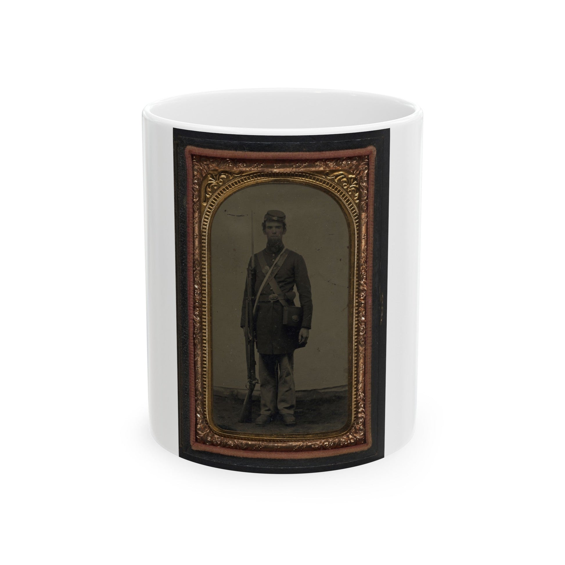 Unidentified Soldier In Union Frock Coat And Forage Cap With Cap Box, Cartridge Pouch, And Bayoneted Musket (U.S. Civil War) White Coffee Mug-11oz-The Sticker Space