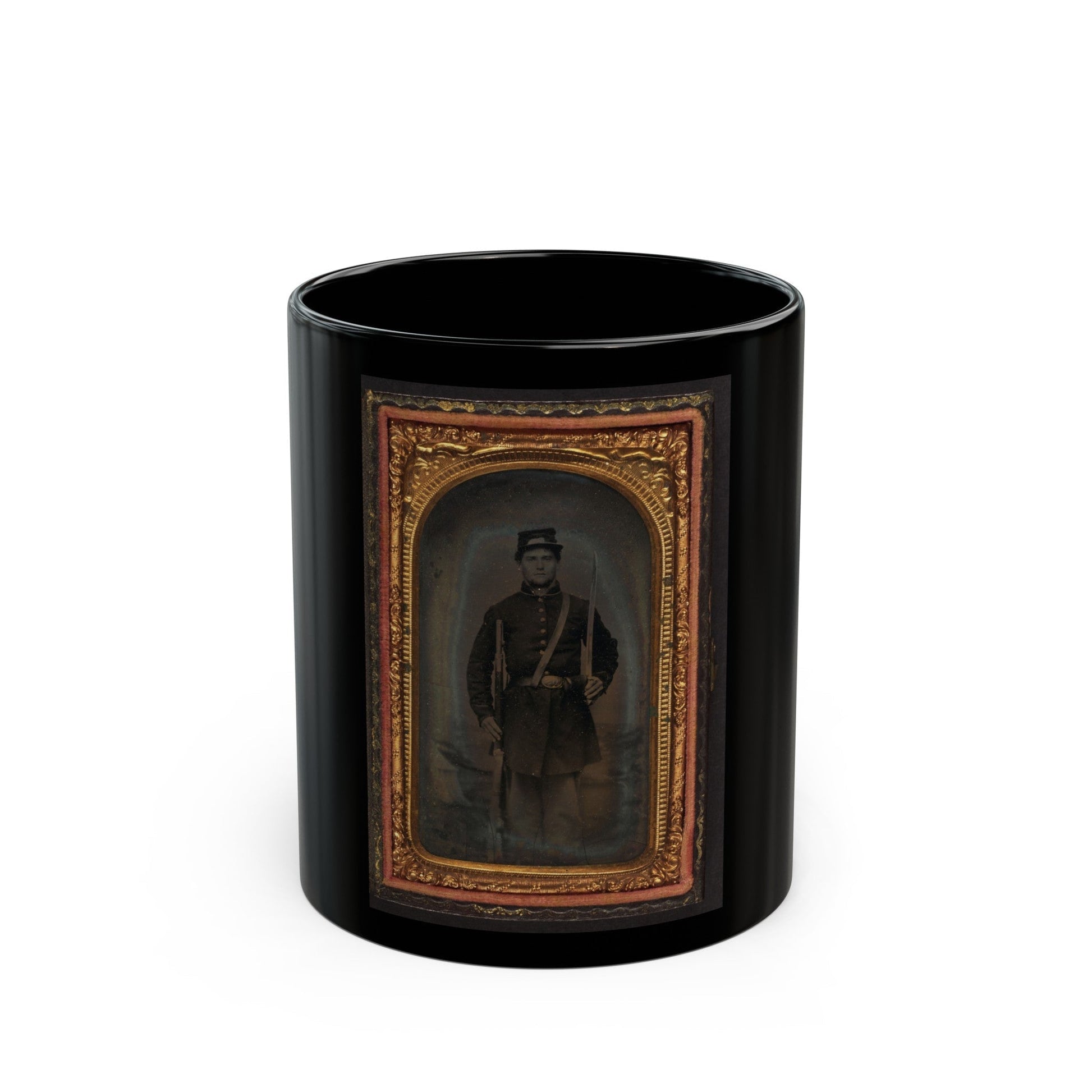 Unidentified Soldier In Union Frock Coat And Forage Cap With Saber And Musket (U.S. Civil War) Black Coffee Mug-11oz-The Sticker Space