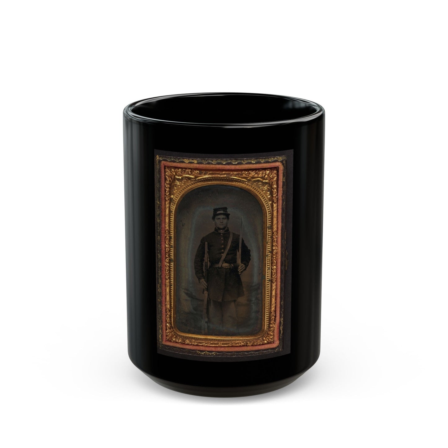 Unidentified Soldier In Union Frock Coat And Forage Cap With Saber And Musket (U.S. Civil War) Black Coffee Mug-15oz-The Sticker Space