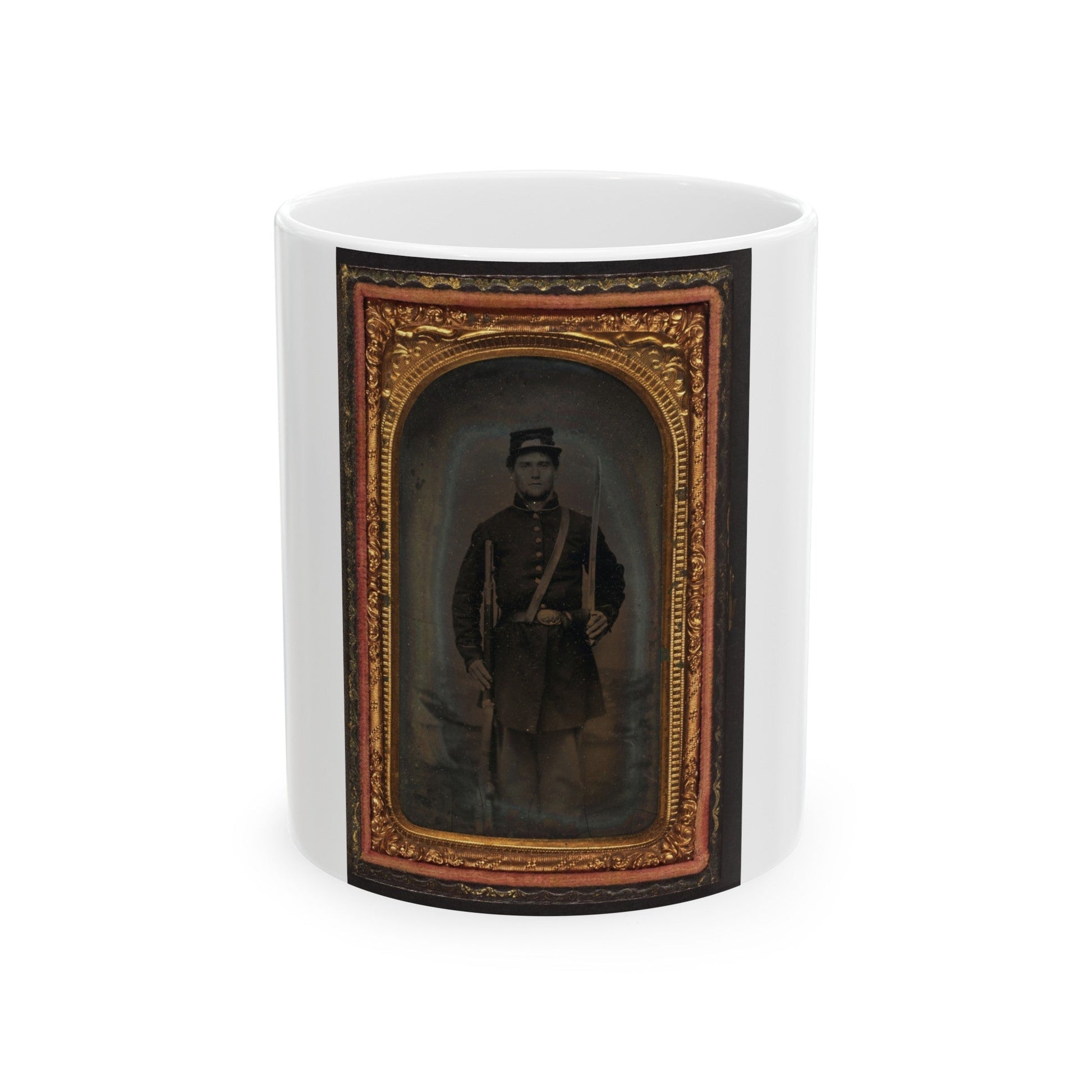 Unidentified Soldier In Union Frock Coat And Forage Cap With Saber And Musket (U.S. Civil War) White Coffee Mug-11oz-The Sticker Space