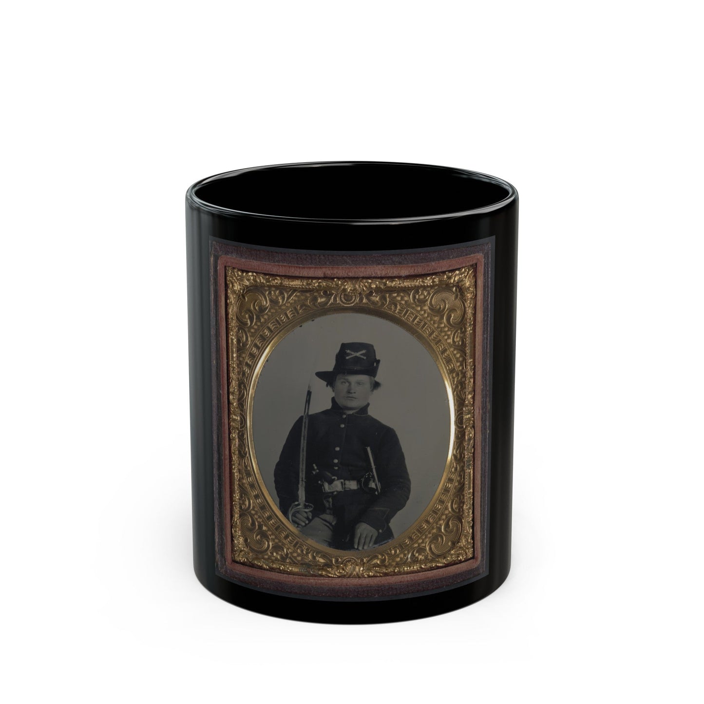 Unidentified Soldier In Union Frock Coat And Hardee Hat With Model 1860 Light Cavalry Saber And Colt Army Model 1860 Revolver (U.S. Civil War) Black Coffee Mug-11oz-The Sticker Space