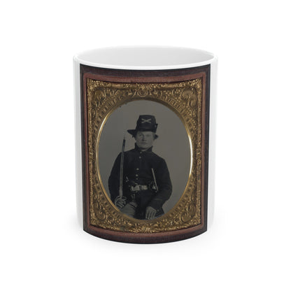 Unidentified Soldier In Union Frock Coat And Hardee Hat With Model 1860 Light Cavalry Saber And Colt Army Model 1860 Revolver (U.S. Civil War) White Coffee Mug-11oz-The Sticker Space