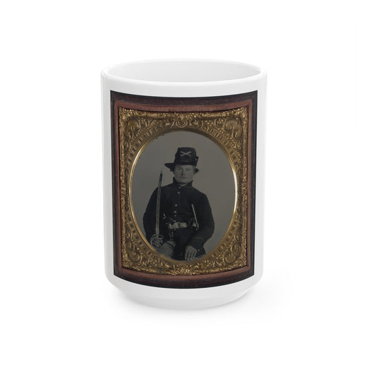 Unidentified Soldier In Union Frock Coat And Hardee Hat With Model 1860 Light Cavalry Saber And Colt Army Model 1860 Revolver (U.S. Civil War) White Coffee Mug-15oz-The Sticker Space