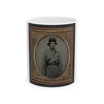 Unidentified Soldier In Union Frock Coat And Havelock Hat Combination With Bayoneted Model 1842 Musket, Knife, And Colt Revolver (U.S. Civil War) White Coffee Mug-11oz-The Sticker Space