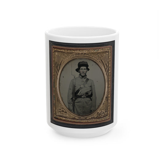 Unidentified Soldier In Union Frock Coat And Havelock Hat Combination With Bayoneted Model 1842 Musket, Knife, And Colt Revolver (U.S. Civil War) White Coffee Mug-15oz-The Sticker Space