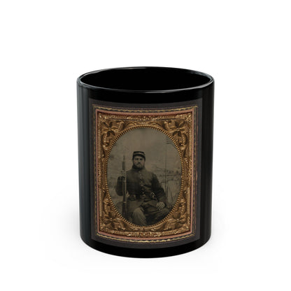 Unidentified Soldier In Union Frock Coat And Kepi Holding Musket In Front Of Painted Backdrop Showing Military Camp (U.S. Civil War) Black Coffee Mug-11oz-The Sticker Space