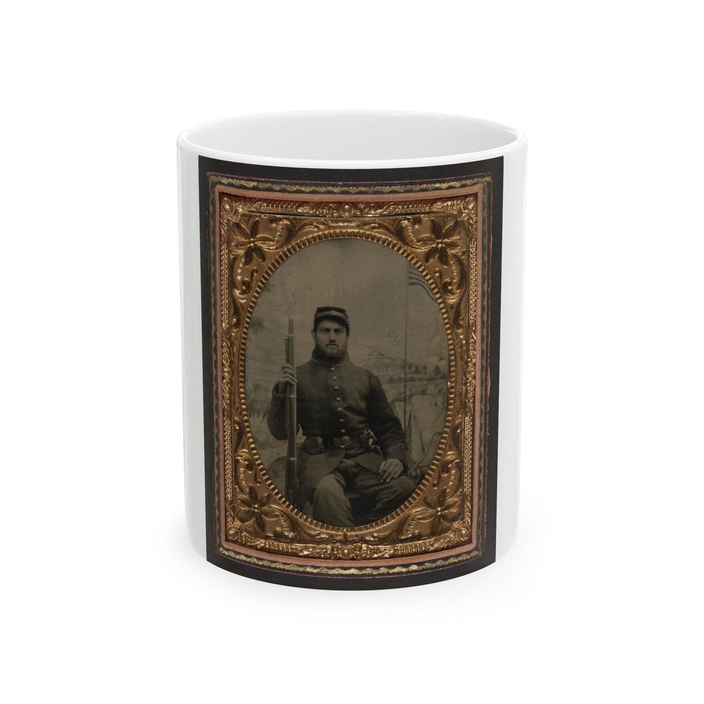 Unidentified Soldier In Union Frock Coat And Kepi Holding Musket In Front Of Painted Backdrop Showing Military Camp (U.S. Civil War) White Coffee Mug-11oz-The Sticker Space