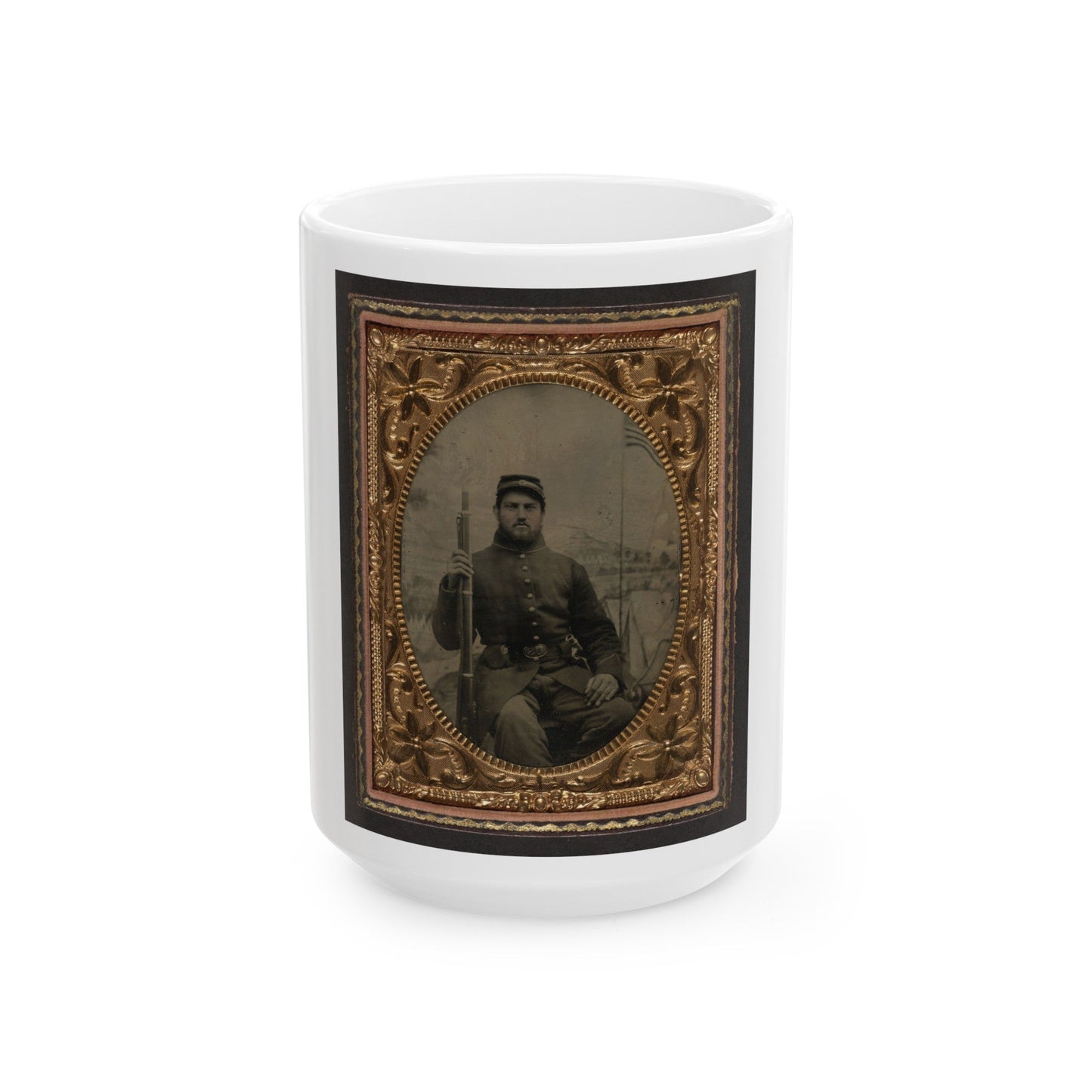 Unidentified Soldier In Union Frock Coat And Kepi Holding Musket In Front Of Painted Backdrop Showing Military Camp (U.S. Civil War) White Coffee Mug-15oz-The Sticker Space