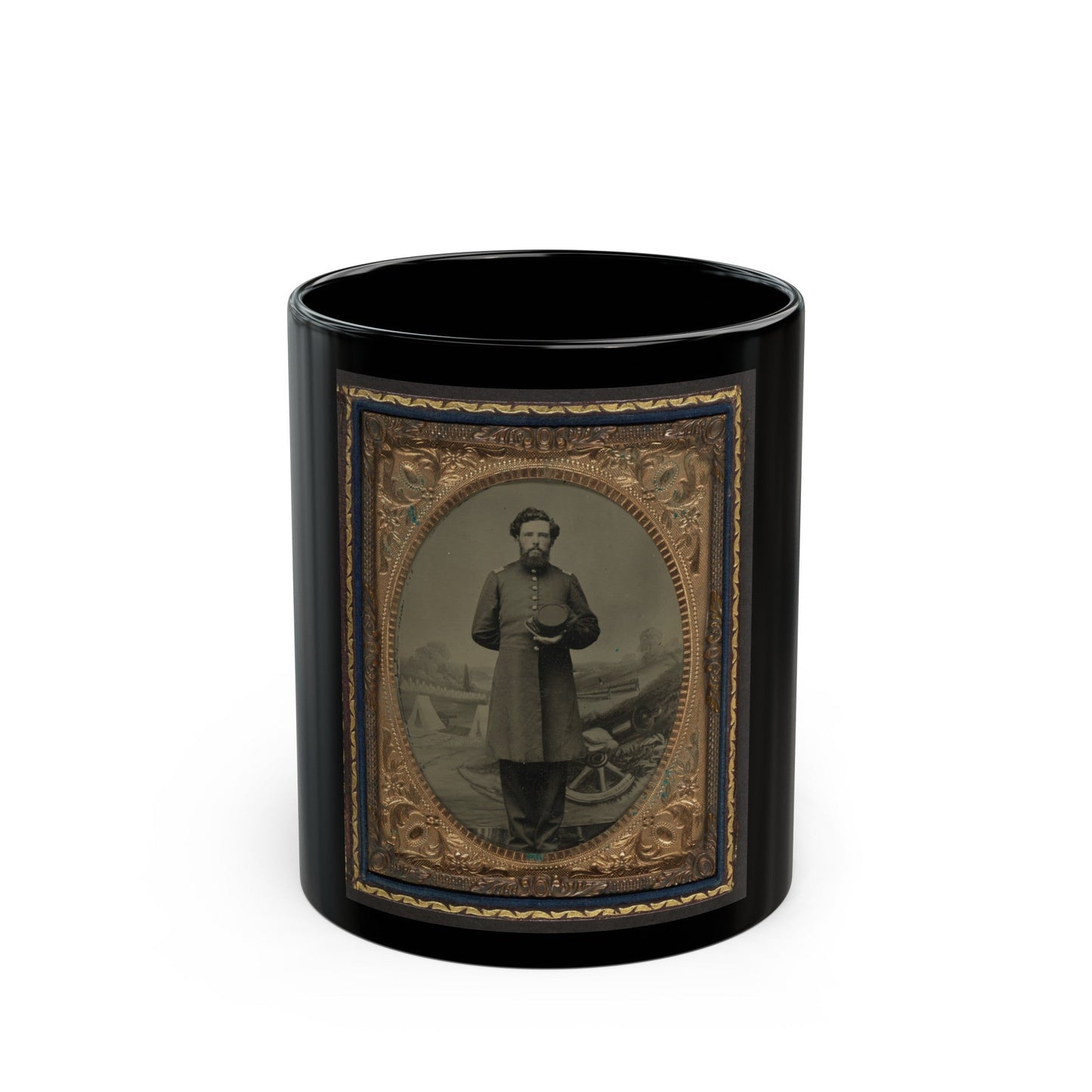 Unidentified Soldier In Union Frock Coat With Hat In Front Of Painted Backdrop Showing Military Camp Scene (U.S. Civil War) Black Coffee Mug-11oz-The Sticker Space