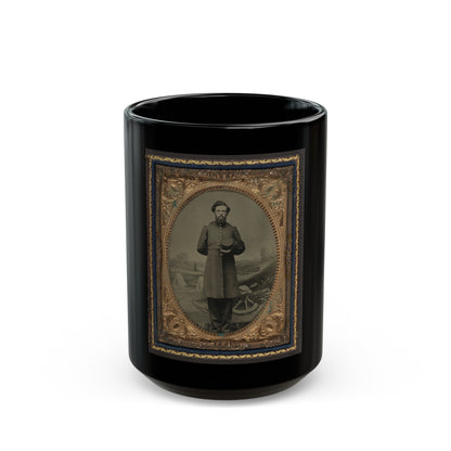 Unidentified Soldier In Union Frock Coat With Hat In Front Of Painted Backdrop Showing Military Camp Scene (U.S. Civil War) Black Coffee Mug-15oz-The Sticker Space